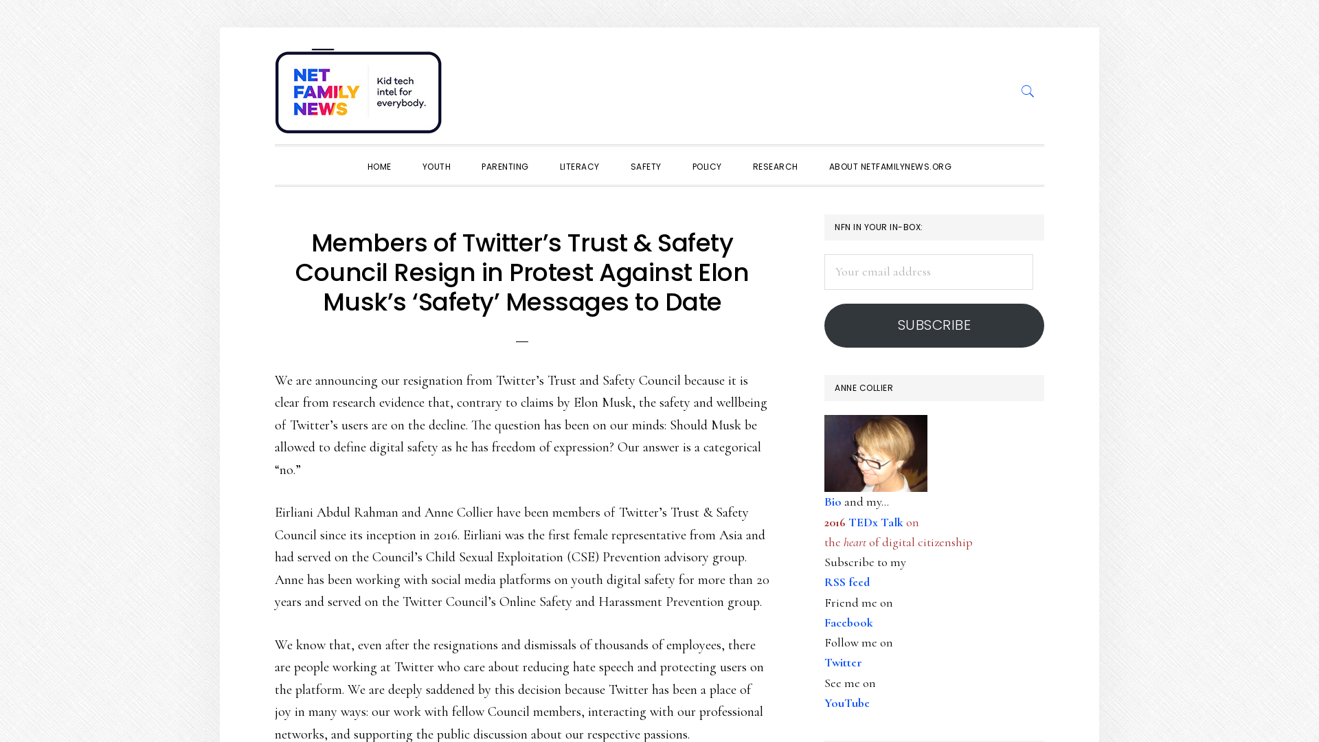 Members of Twitter’s Trust & Safety Council Resign in Protest Against Elon Musk's 'Safety' Messages to Date - NetFamilyNews.org