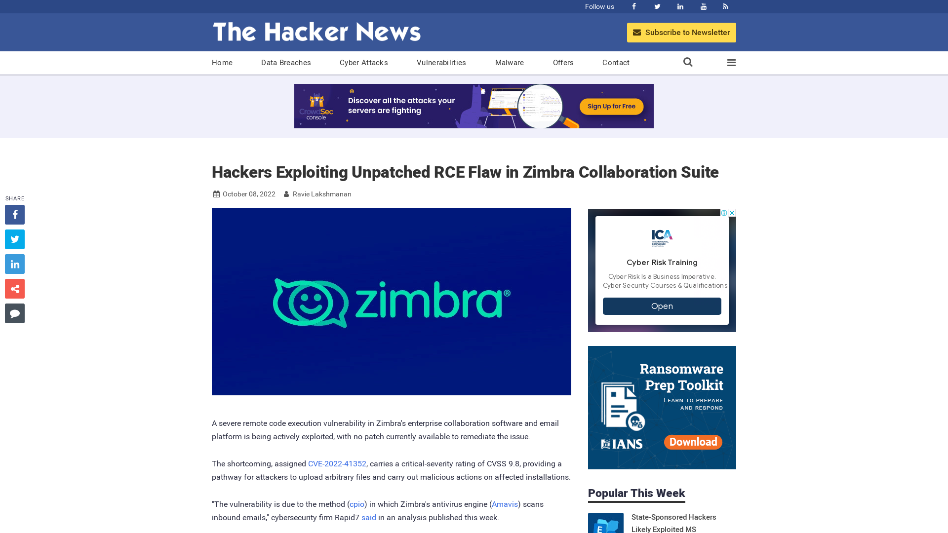 Hackers Exploiting Unpatched RCE Flaw in Zimbra Collaboration Suite