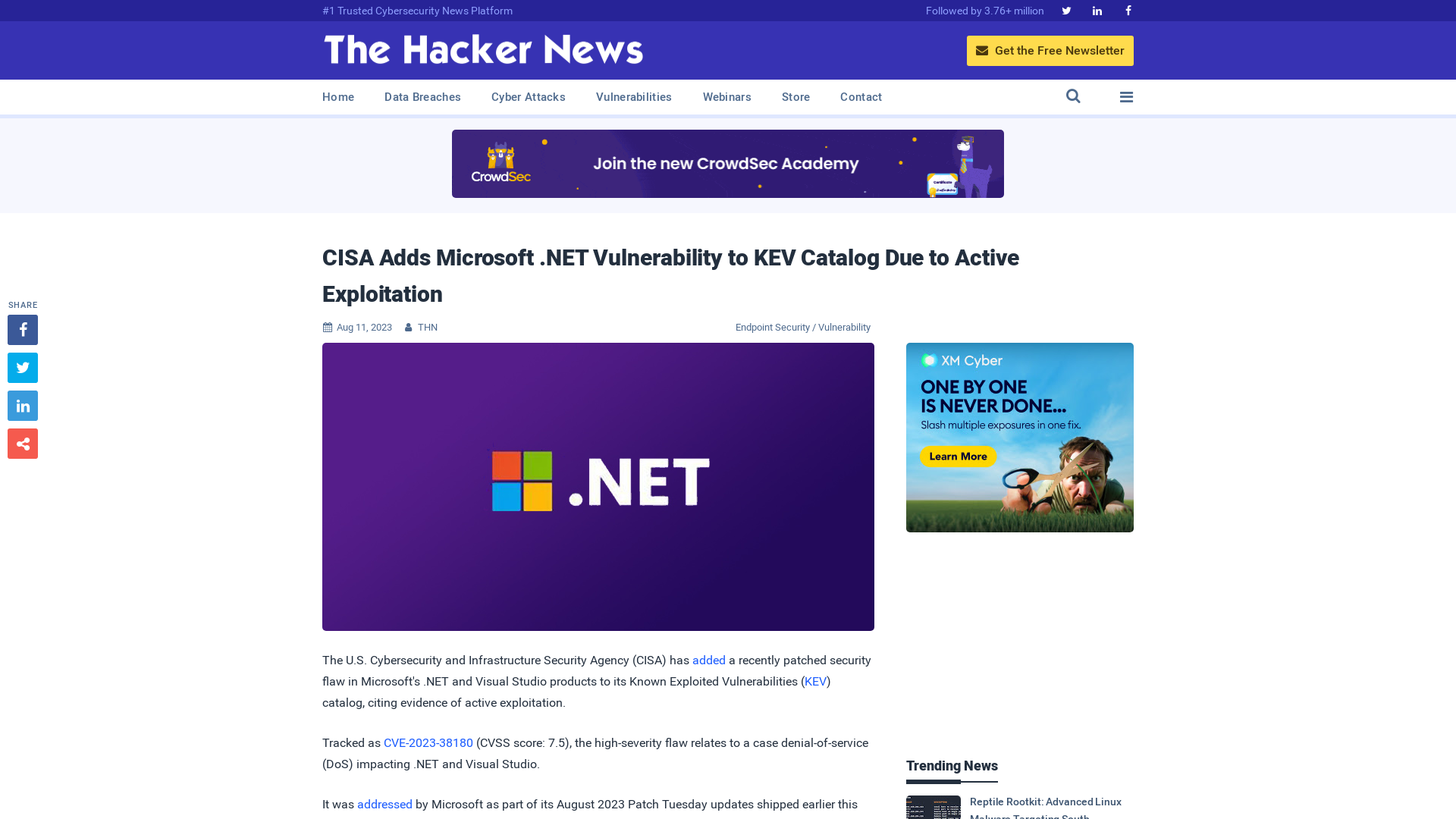 CISA Adds Microsoft .NET Vulnerability to KEV Catalog Due to Active Exploitation