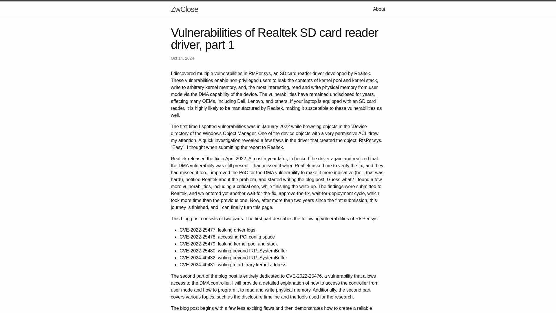 Vulnerabilities of Realtek SD card reader driver, part 1 | ZwClose