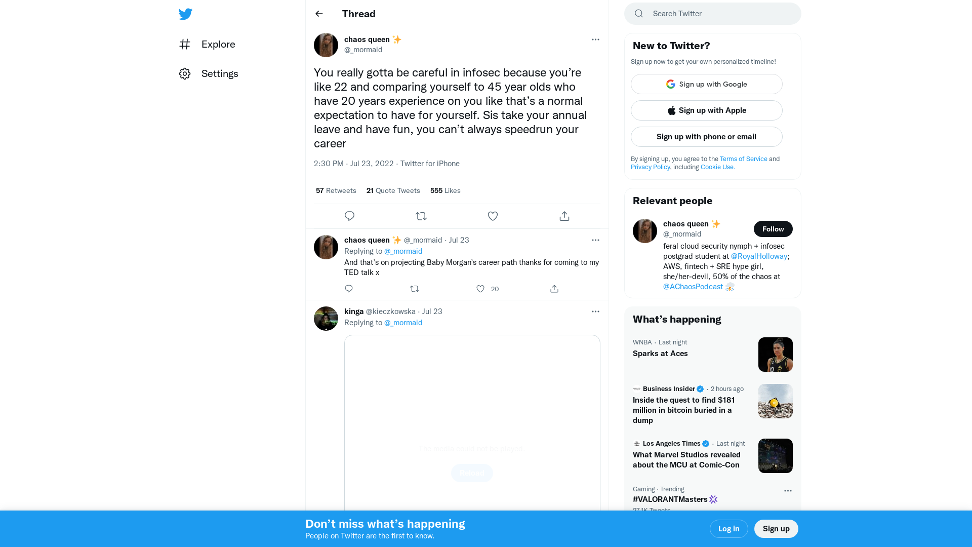 chaos queen ✨ on Twitter: "You really gotta be careful in infosec because you’re like 22 and comparing yourself to 45 year olds who have 20 years experience on you like that’s a normal expectation to have for yourself. Sis take your annual leave and have fun, you can’t always speedrun your career" / Twitter