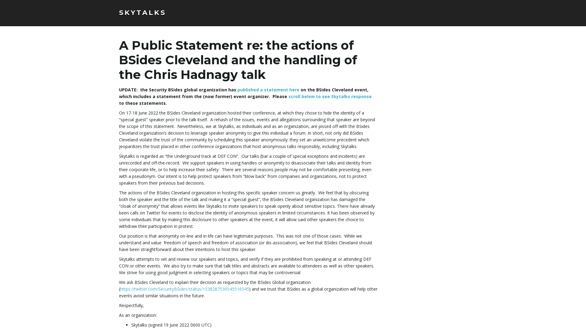 A Public Statement re: the actions of BSides Cleveland and the handling of the Chris Hadnagy talk – Skytalks