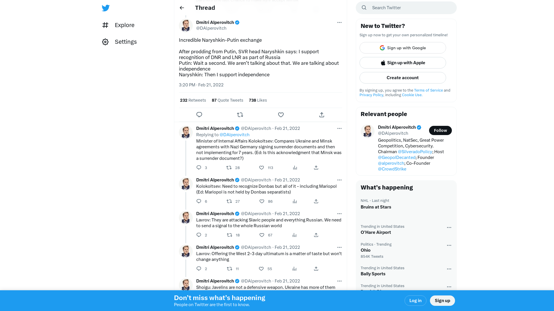 Dmitri Alperovitch on Twitter: "Incredible Naryshkin-Putin exchange After prodding from Putin, SVR head Naryshkin says: I support recognition of DNR and LNR as part of Russia Putin: Wait a second. We aren’t talking about that. We are talking about independence Naryshkin: Then I support independence" / Twitter