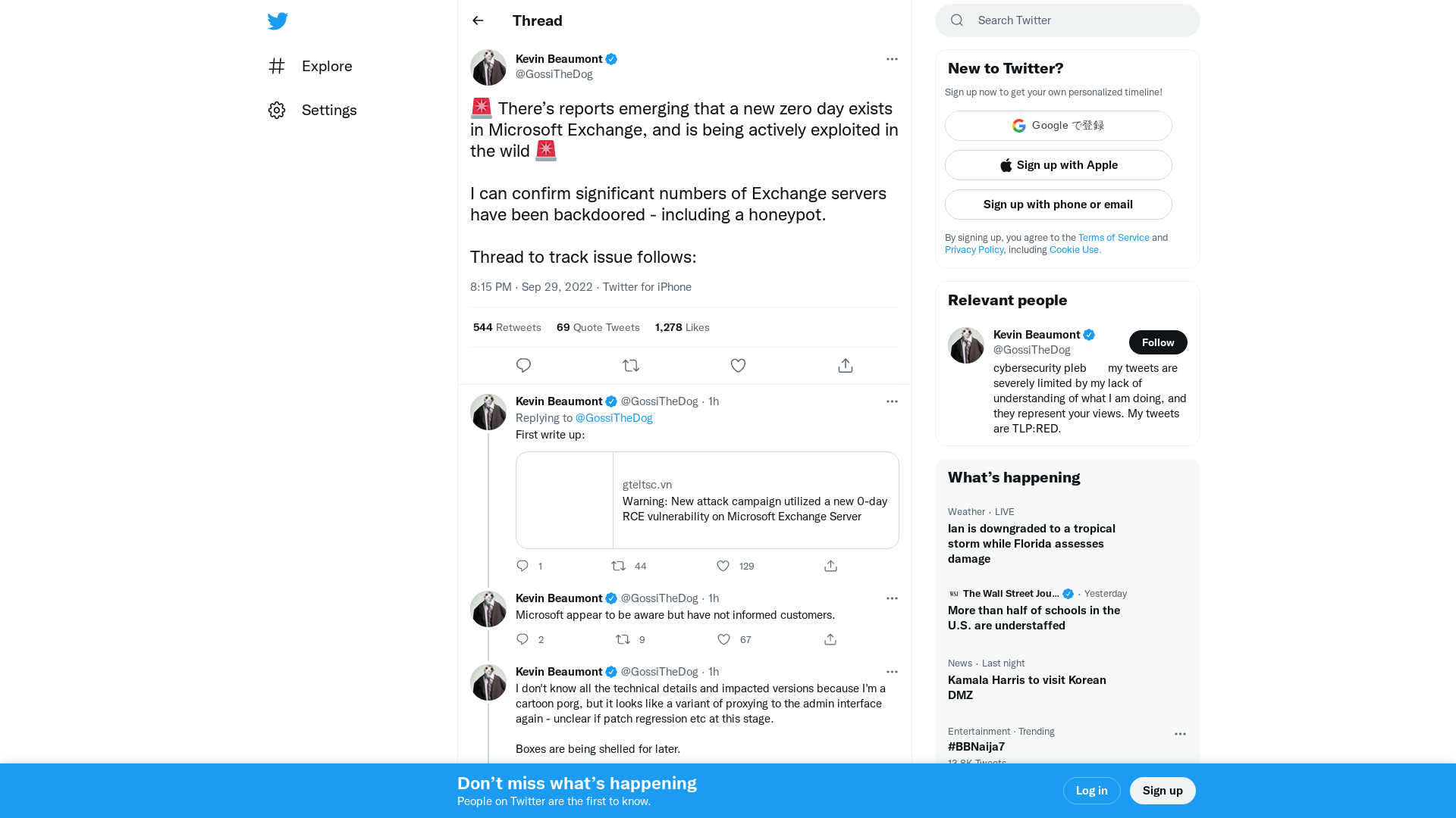 Kevin Beaumont on Twitter: "🚨 There’s reports emerging that a new zero day exists in Microsoft Exchange, and is being actively exploited in the wild 🚨 I can confirm significant numbers of Exchange servers have been backdoored - including a honeypot. Thread to track issue follows:" / Twitter