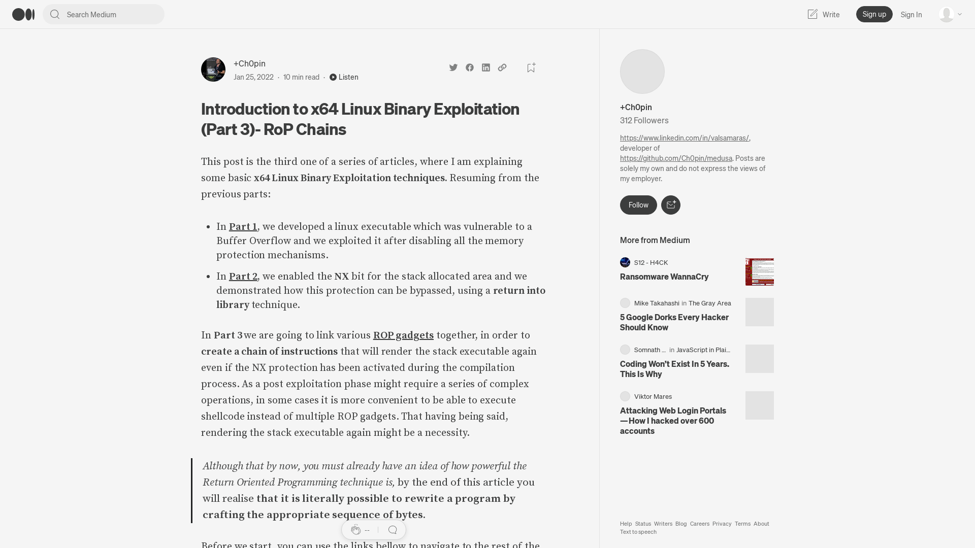 Introduction to x64 Linux Binary Exploitation (Part 3)- RoP Chains | by +Ch0pin🕷️ | Medium