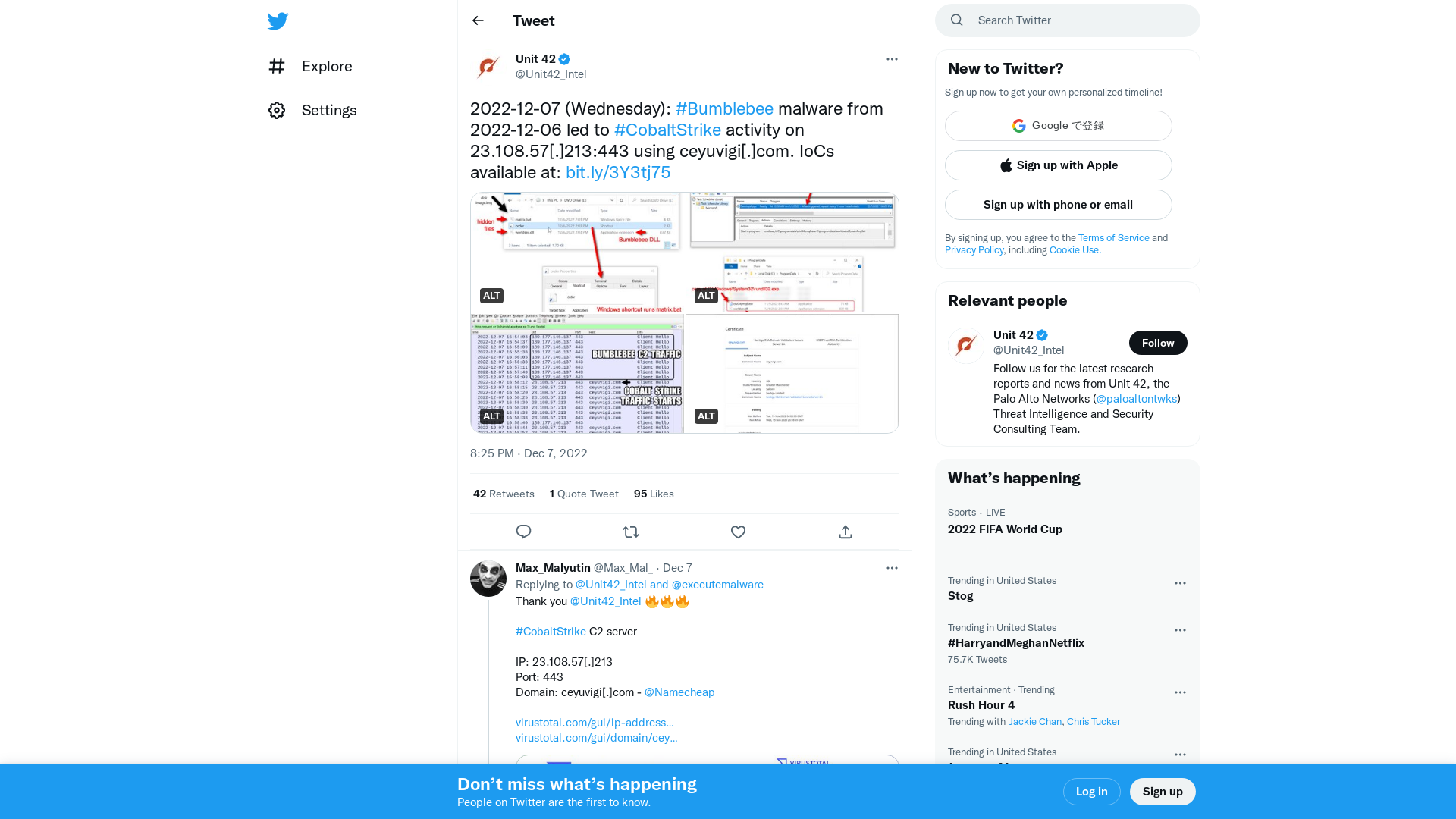 Unit 42 on Twitter: "2022-12-07 (Wednesday): #Bumblebee malware from 2022-12-06 led to #CobaltStrike activity on 23.108.57[.]213:443 using ceyuvigi[.]com. IoCs available at: https://t.co/nDGOgla1Cz https://t.co/jzQHo1AHf5" / Twitter