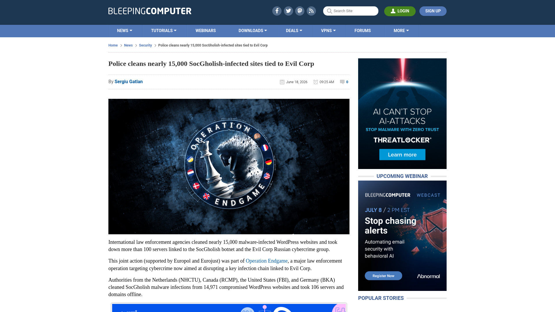 Police cleans nearly 15,000 SocGholish-infected sites tied to Evil Corp