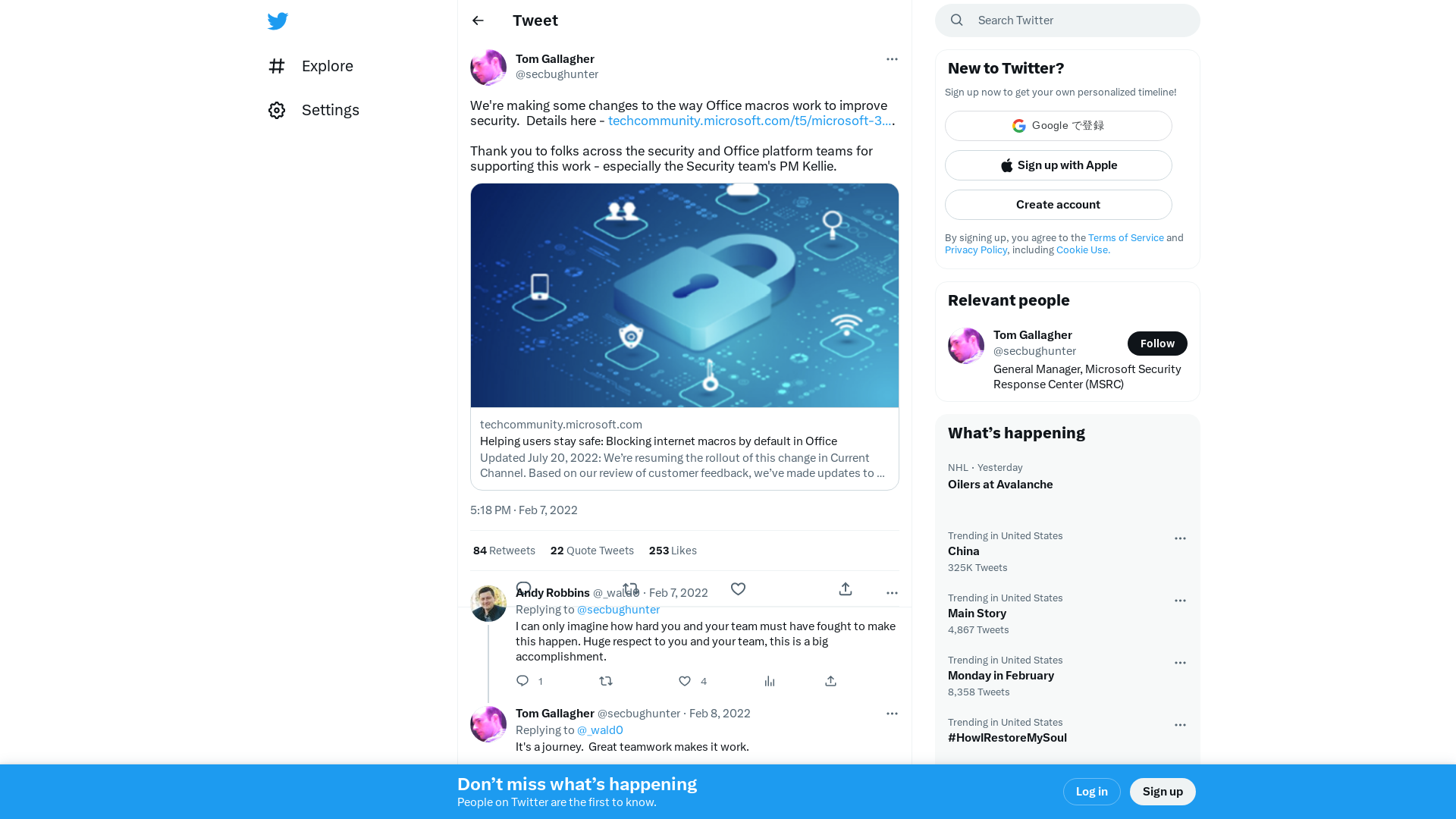 Tom Gallagher on Twitter: "We're making some changes to the way Office macros work to improve security. Details here - https://t.co/uTdKRkVQWM. Thank you to folks across the security and Office platform teams for supporting this work - especially the Security team's PM Kellie." / Twitter