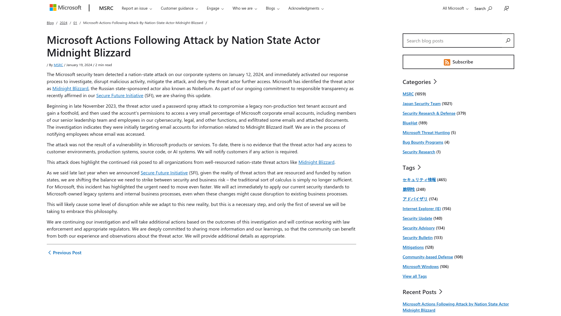 Microsoft Actions Following Attack by Nation State Actor Midnight Blizzard | MSRC Blog | Microsoft Security Response Center