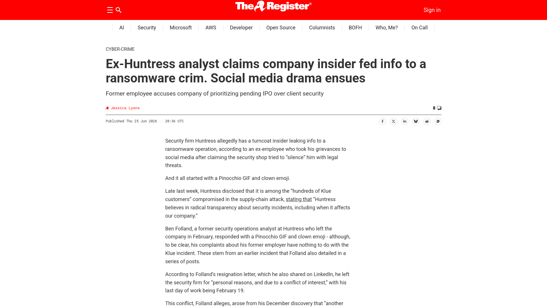 Ex-Huntress analyst claims company insider fed info to a ransomware crim. Social media drama ensues