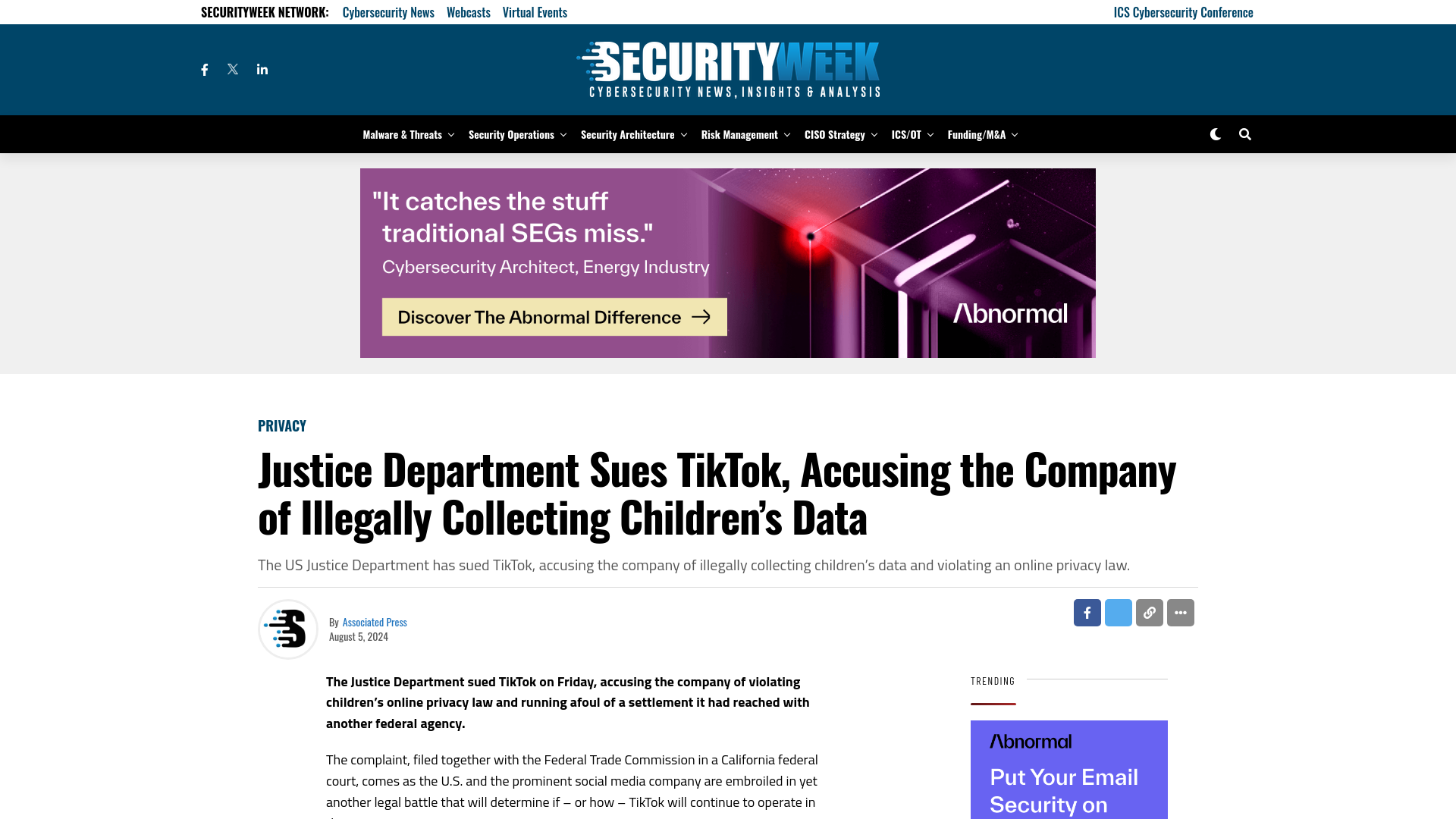 Justice Department Sues TikTok, Accusing the Company of Illegally Collecting Children's Data - SecurityWeek