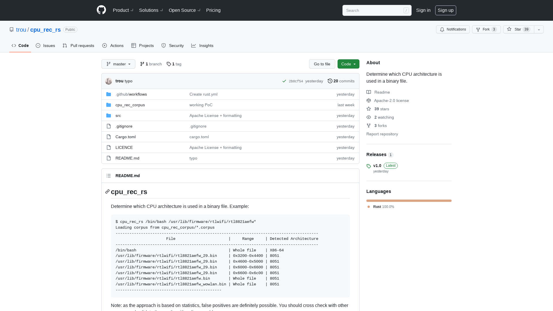 GitHub - trou/cpu_rec_rs: Determine which CPU architecture is used in a binary file.