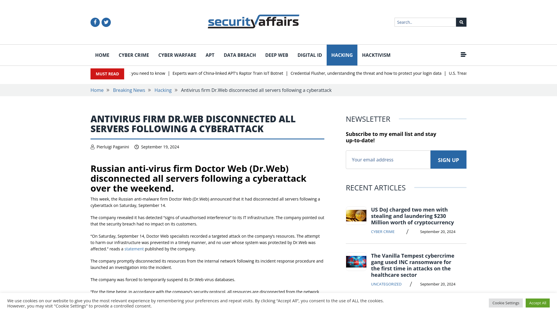 Antivirus firm Dr.Web disconnected all servers following a cyberattack