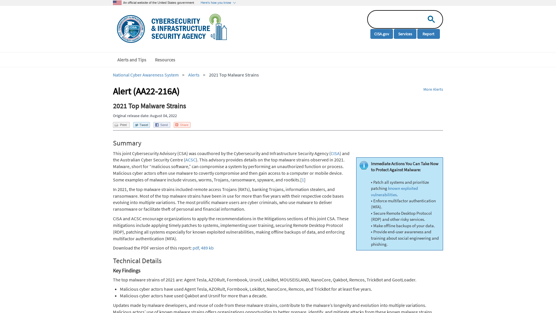 2021 Top Malware Strains | CISA