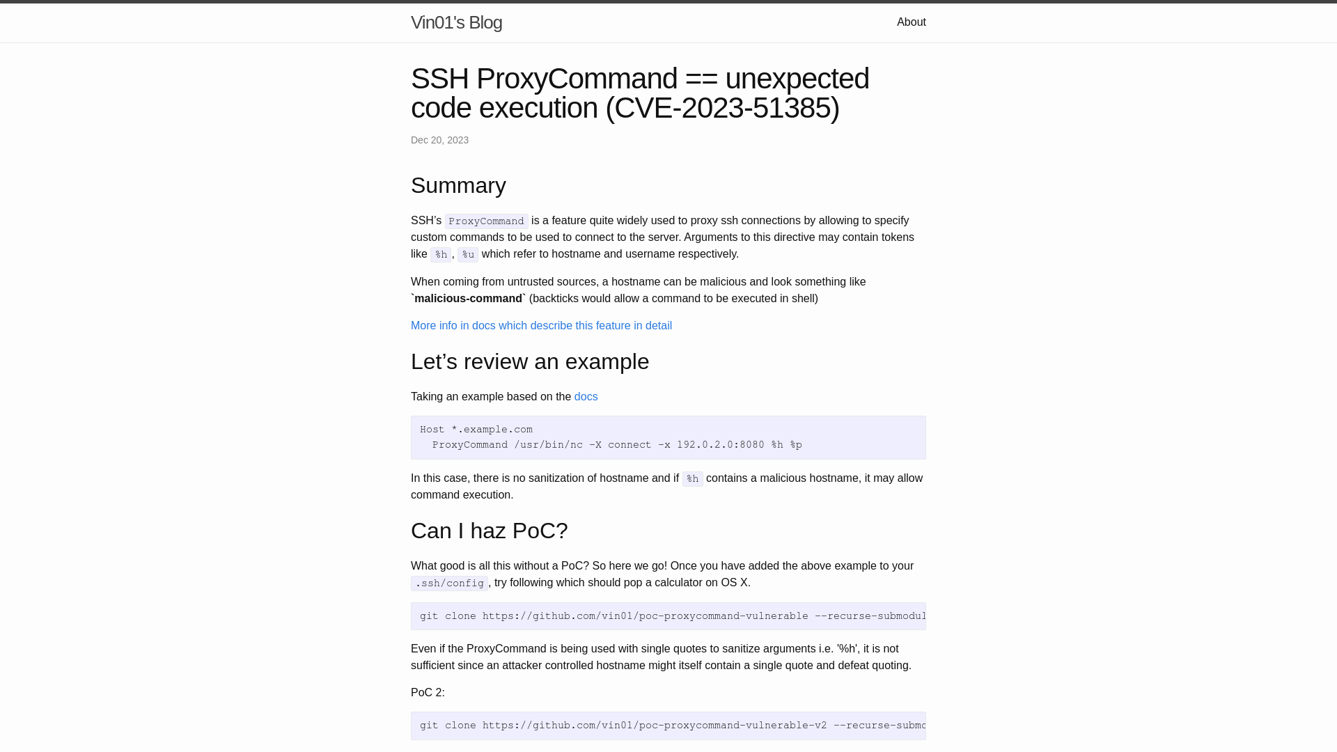 SSH ProxyCommand == unexpected code execution (CVE-2023-51385) | Vin01’s Blog