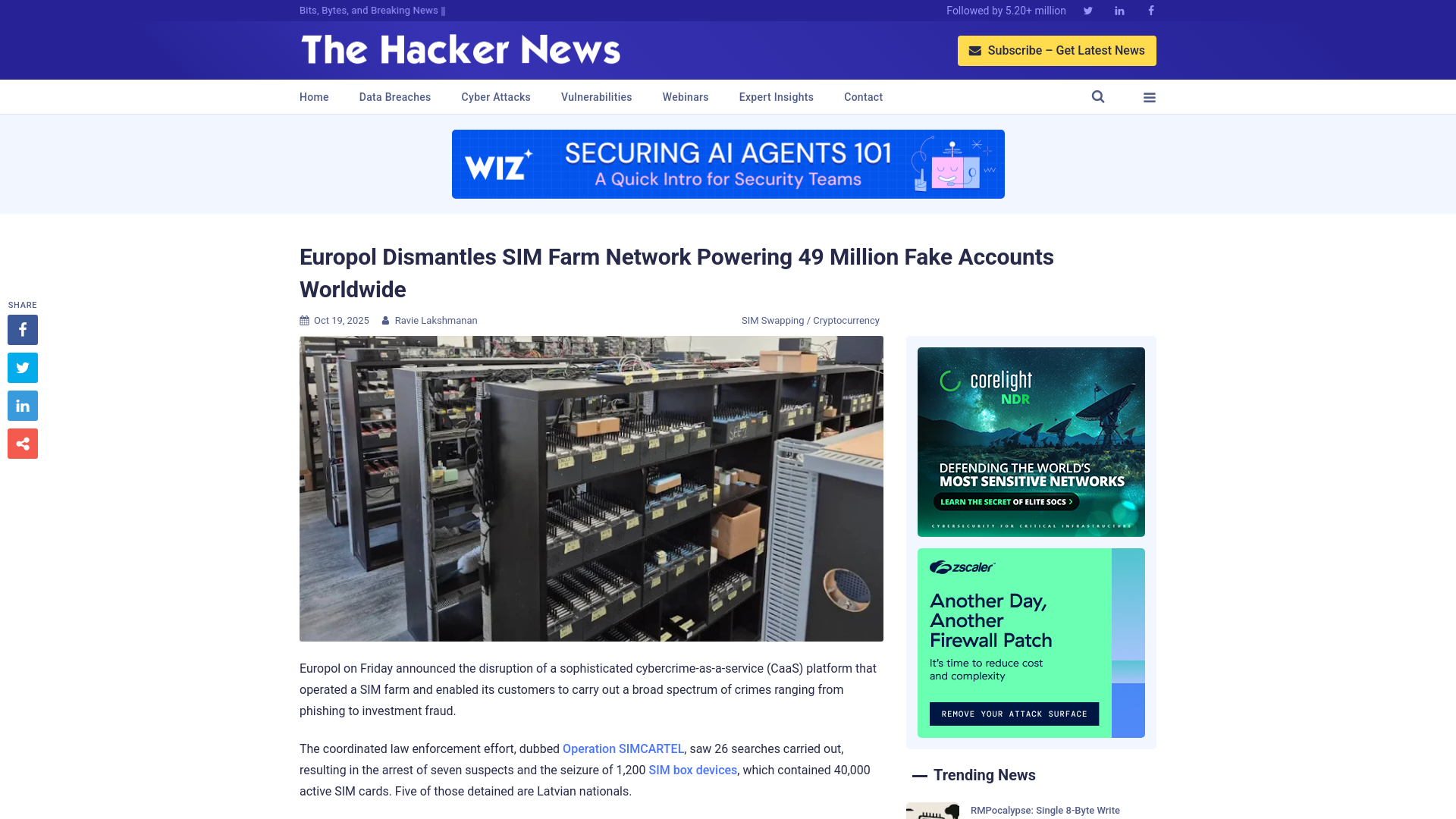 Europol Dismantles SIM Farm Network Powering 49 Million Fake Accounts Worldwide