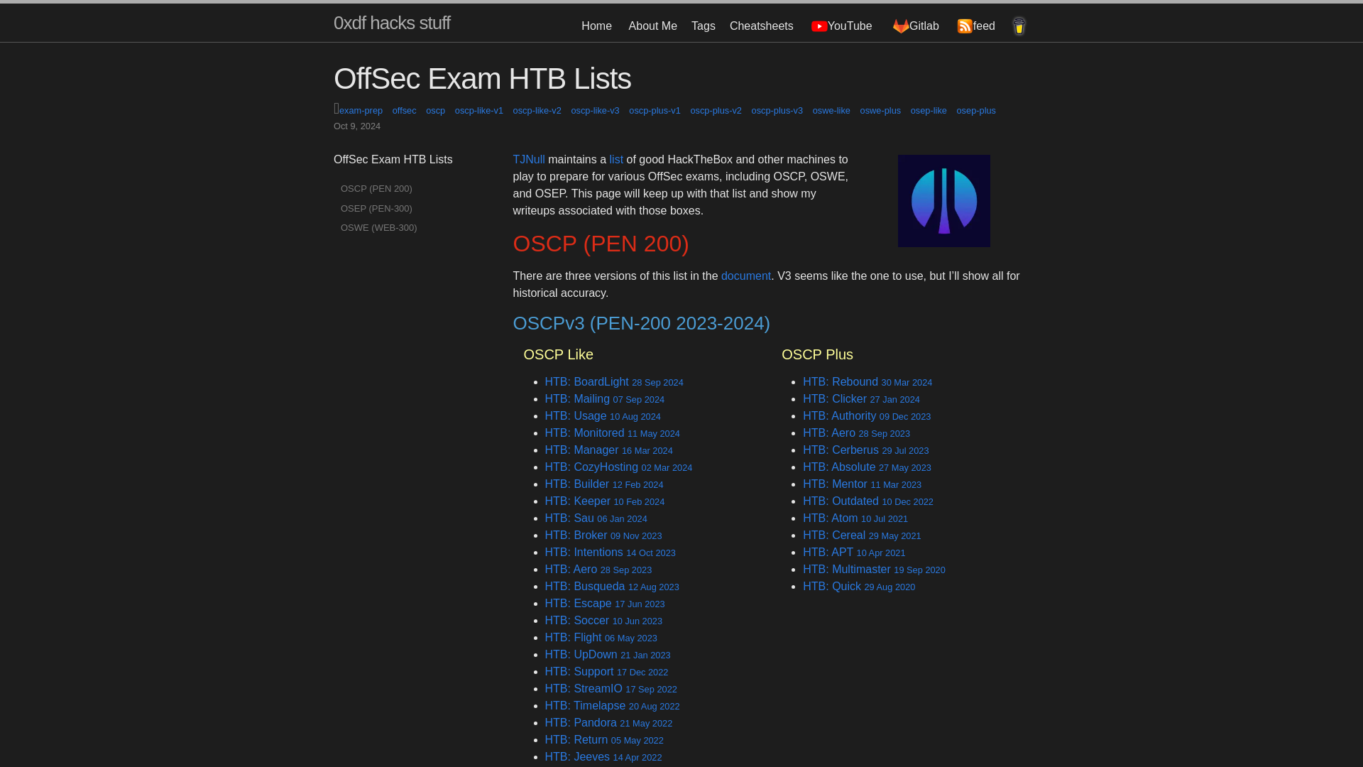 OffSec Exam HTB Lists | 0xdf hacks stuff