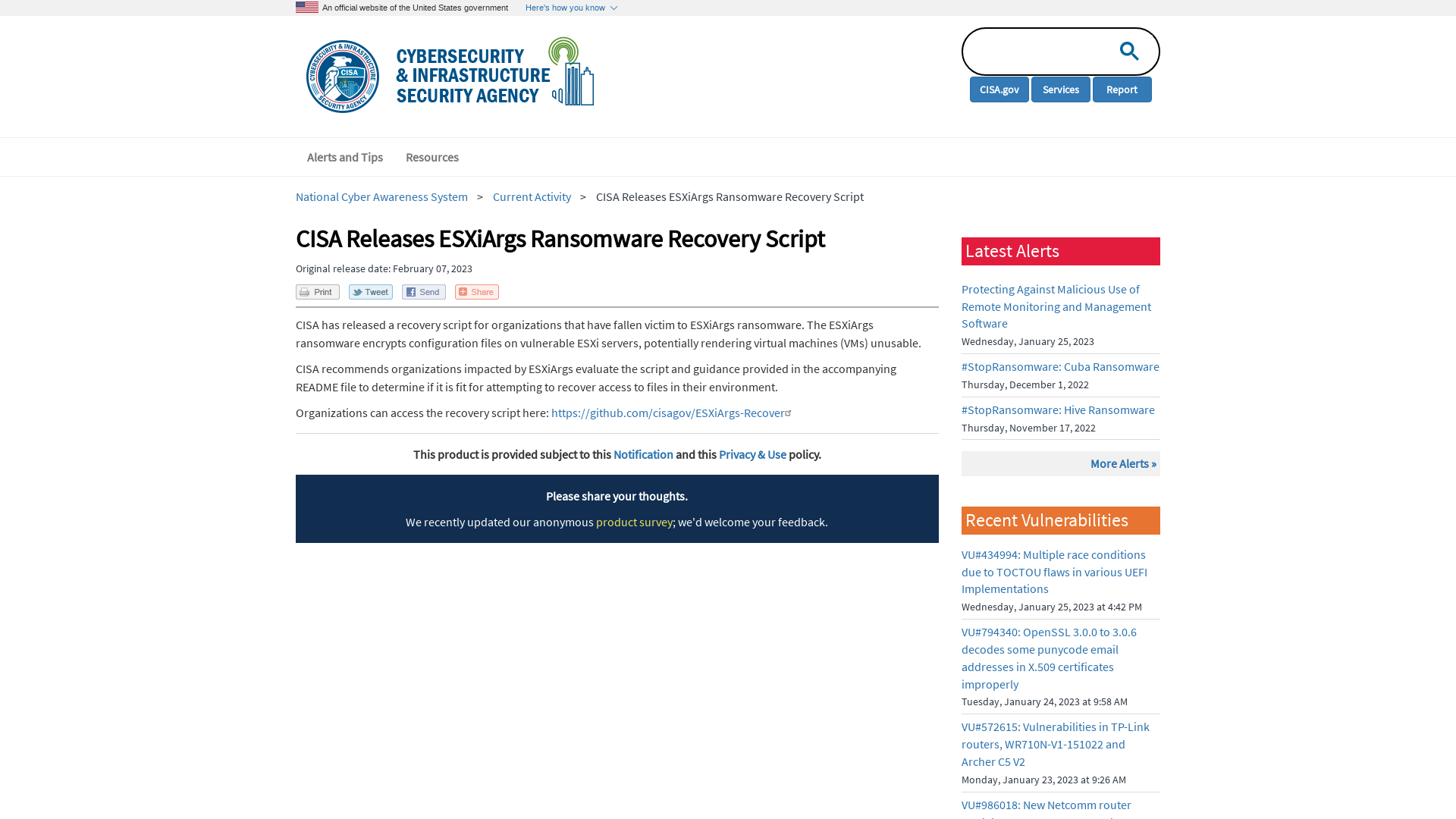 CISA Releases ESXiArgs Ransomware Recovery Script | CISA