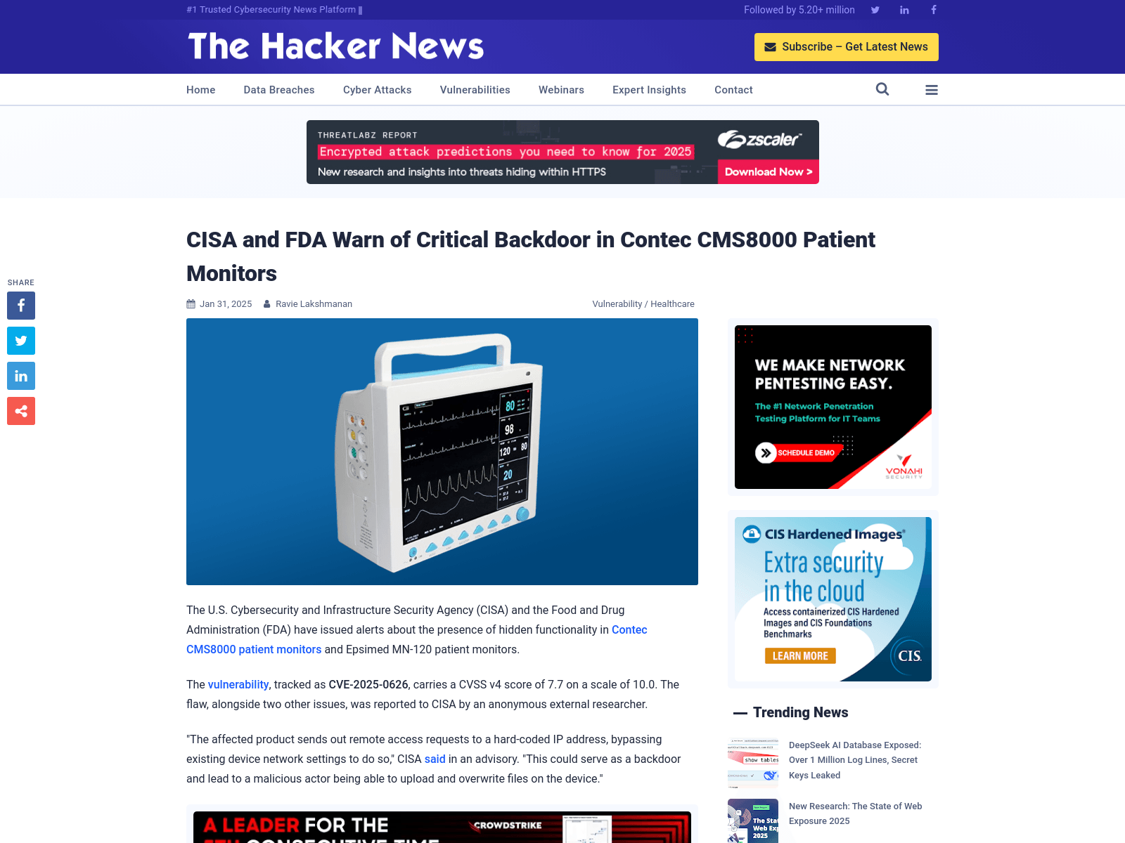 CISA and FDA Warn of Critical Backdoor in Contec CMS8000 Patient Monitors