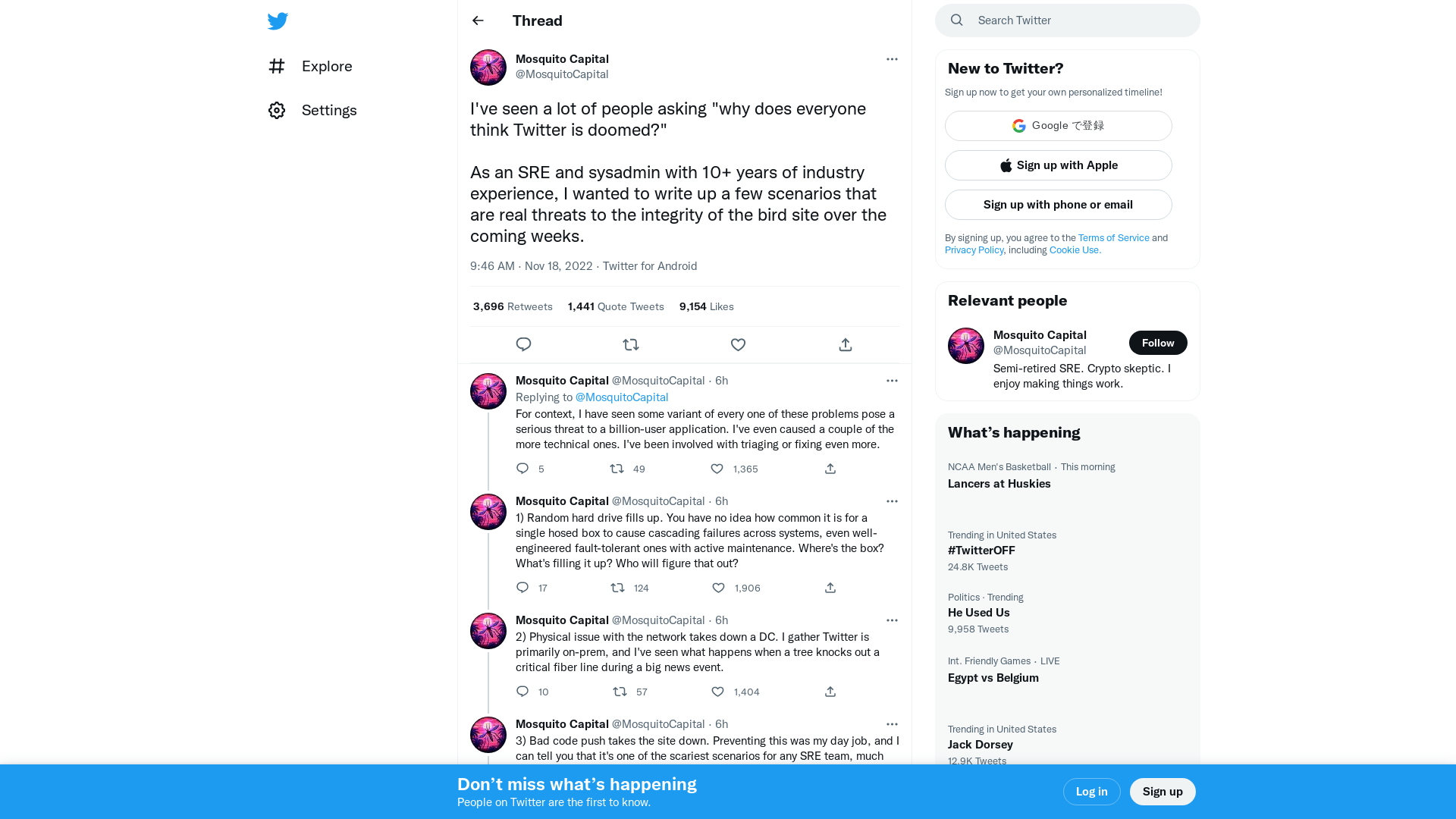 Mosquito Capital on Twitter: "I've seen a lot of people asking "why does everyone think Twitter is doomed?" As an SRE and sysadmin with 10+ years of industry experience, I wanted to write up a few scenarios that are real threats to the integrity of the bird site over the coming weeks." / Twitter