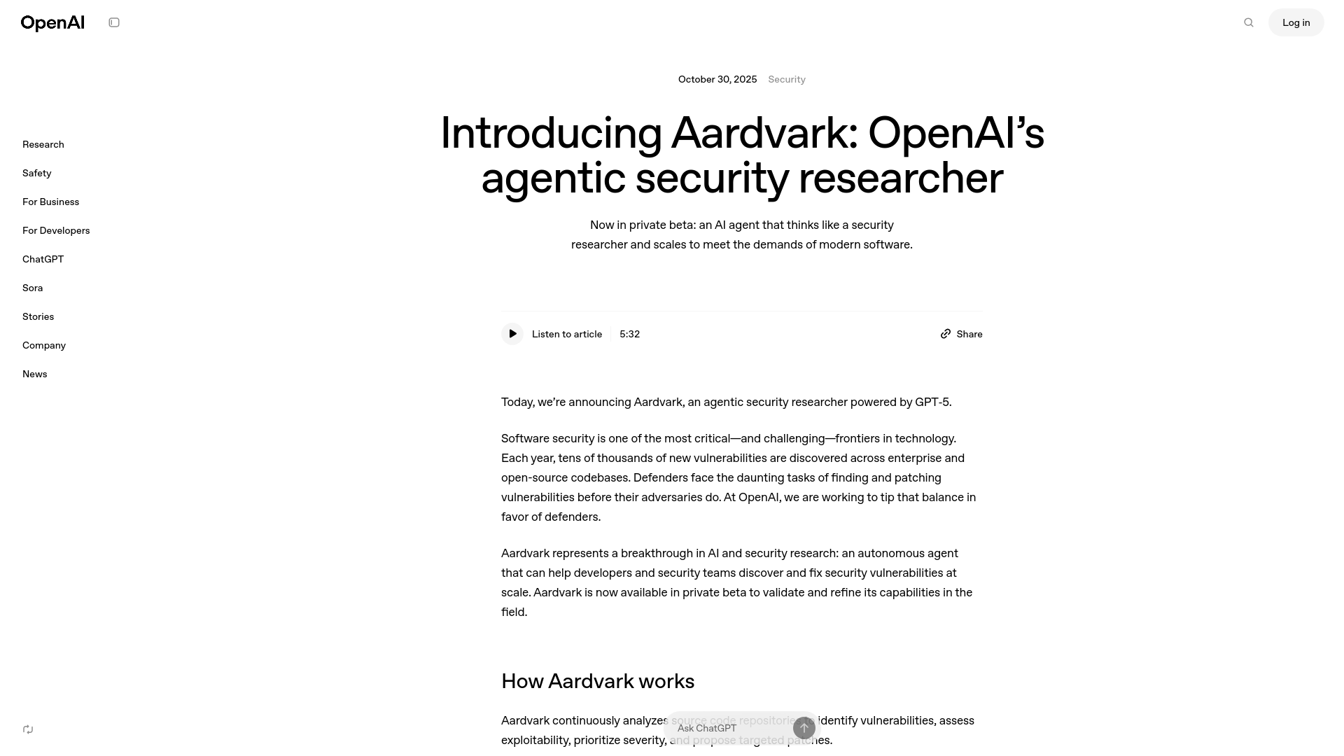 Introducing Aardvark: OpenAI’s agentic security researcher | OpenAI