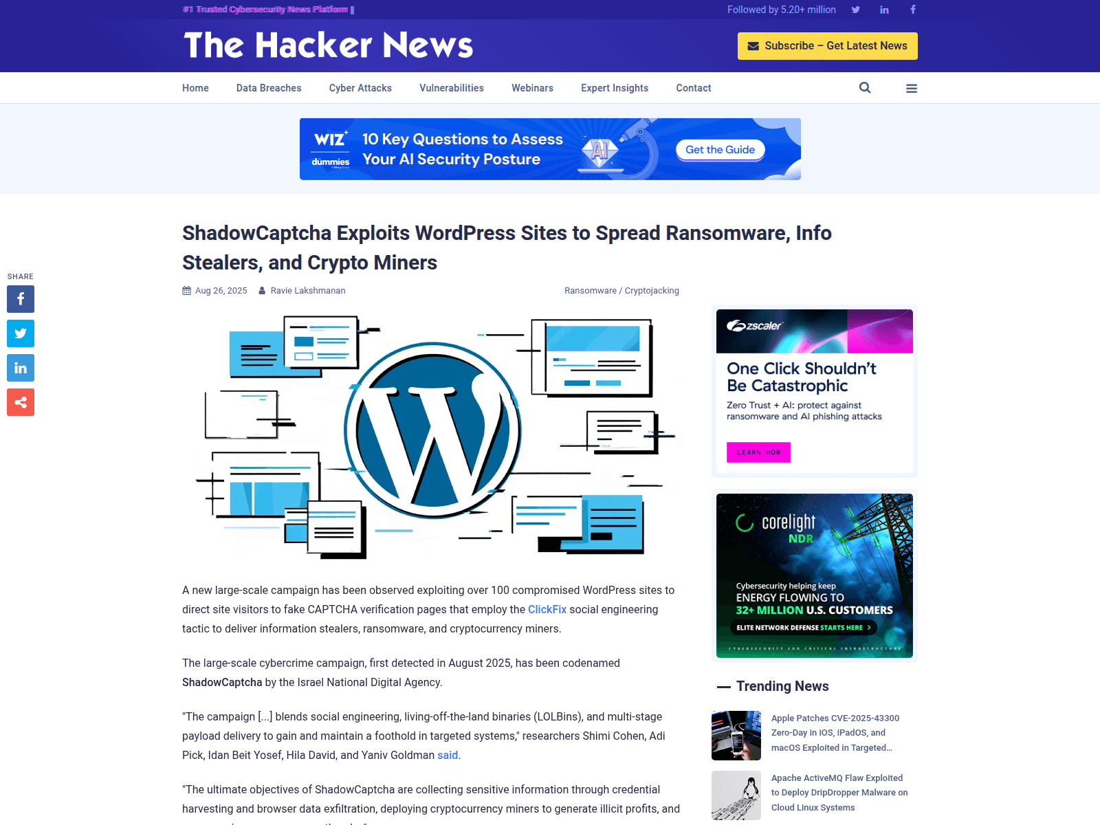 ShadowCaptcha Exploits WordPress Sites to Spread Ransomware, Info Stealers, and Crypto Miners