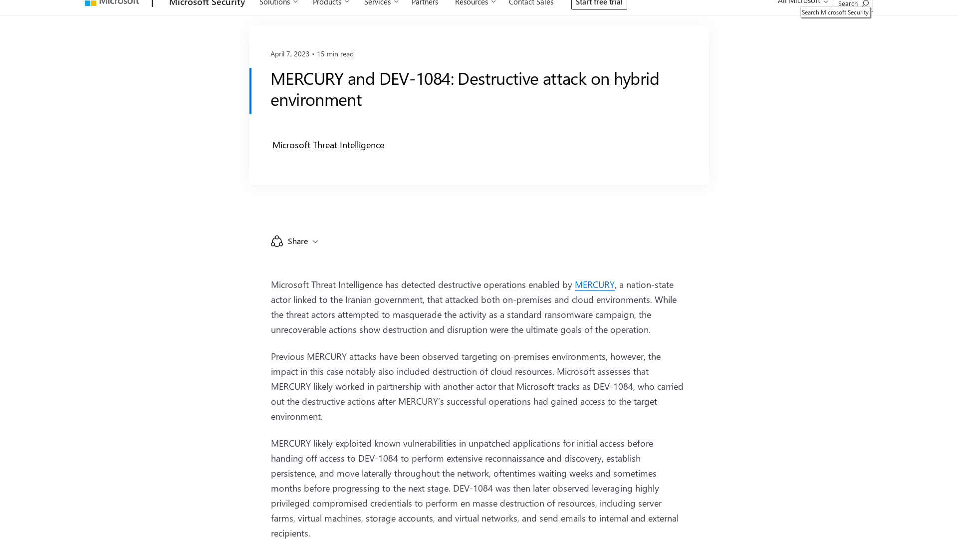 MERCURY and DEV-1084: Destructive attack on hybrid environment - Microsoft Security Blog