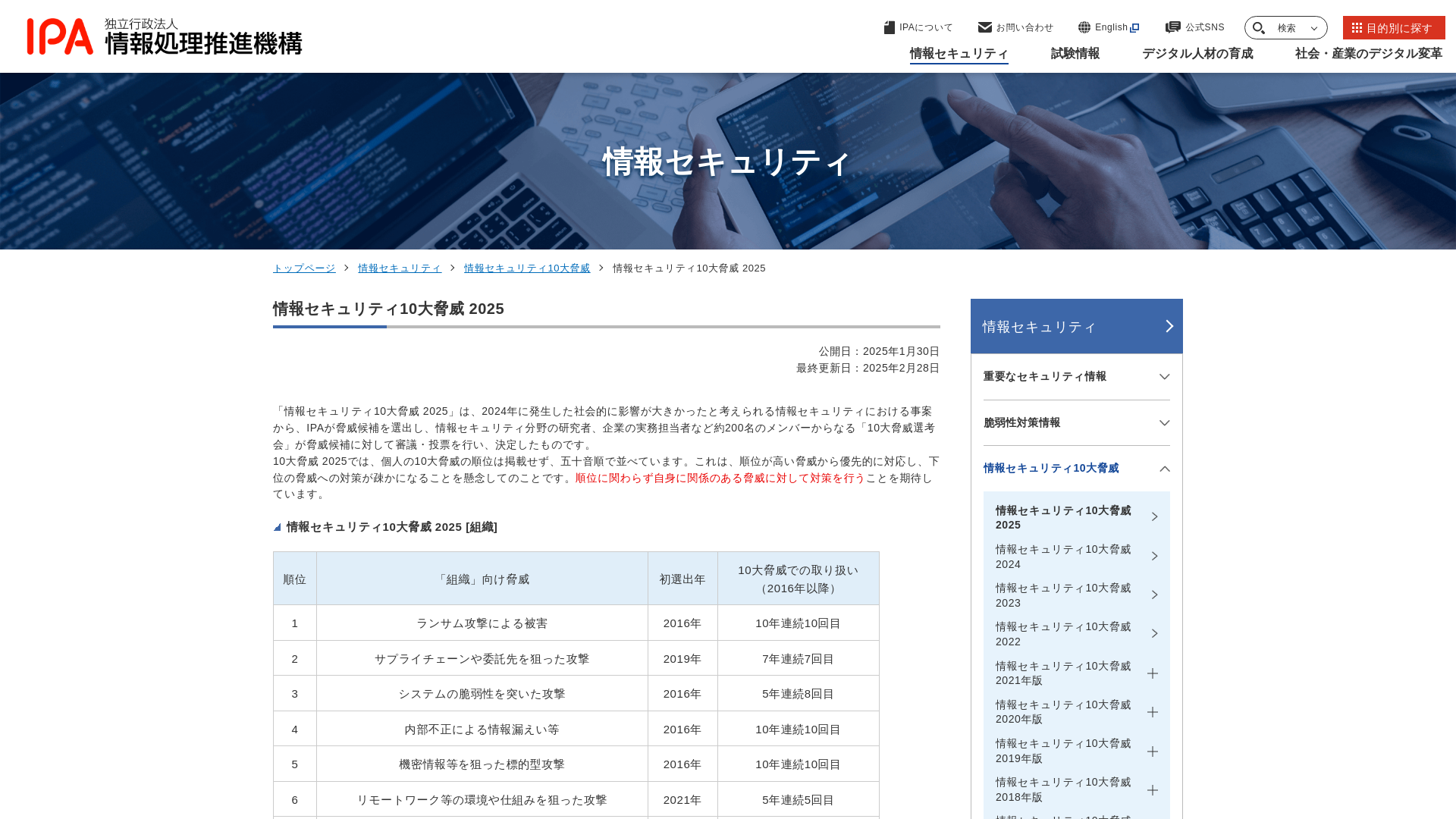 情報セキュリティ10大脅威 2025 | 情報セキュリティ | IPA 独立行政法人 情報処理推進機構