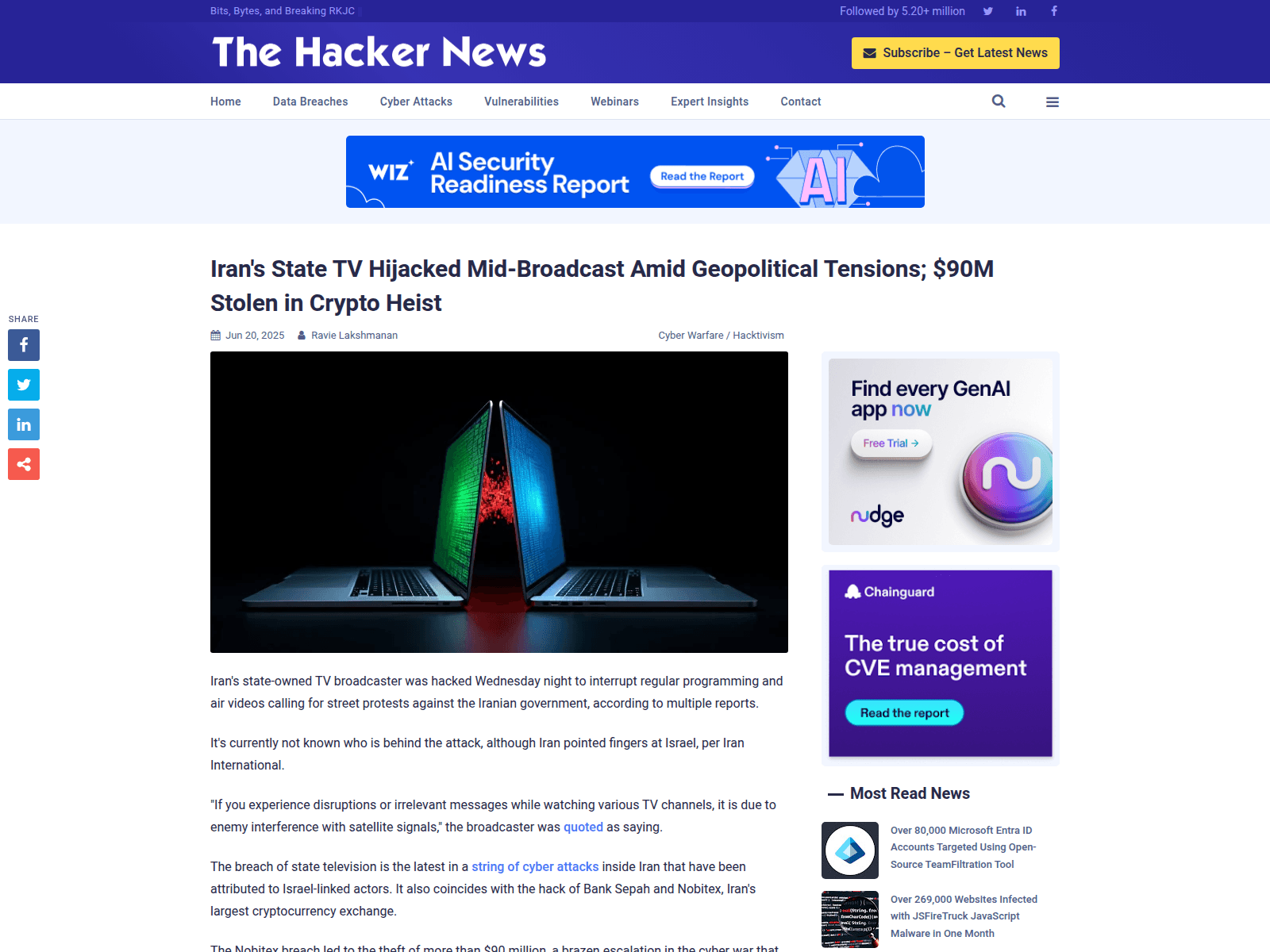 Iran's State TV Hijacked Mid-Broadcast Amid Geopolitical Tensions; $90M Stolen in Crypto Heist