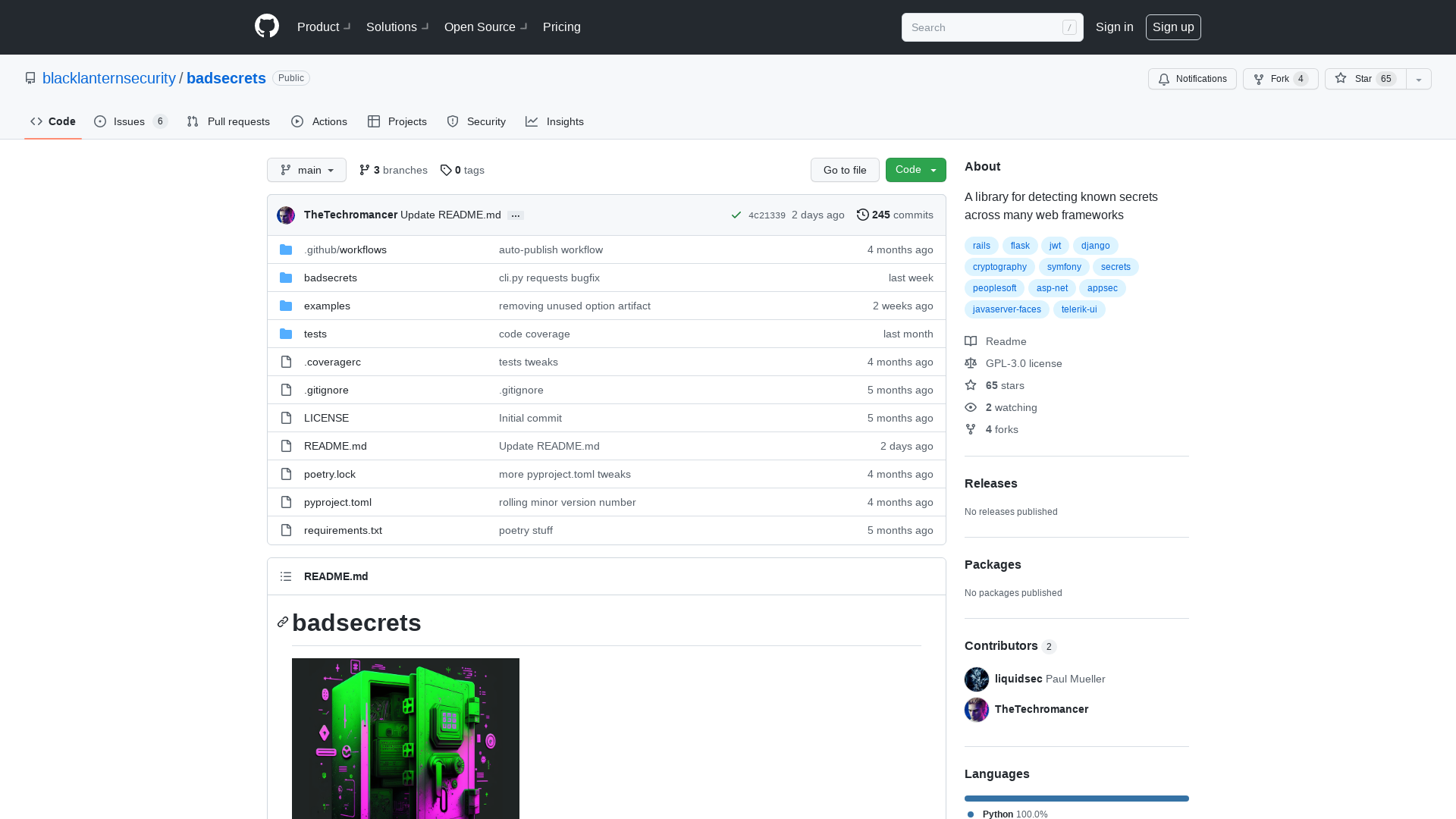 GitHub - blacklanternsecurity/badsecrets: A library for detecting known secrets across many web frameworks