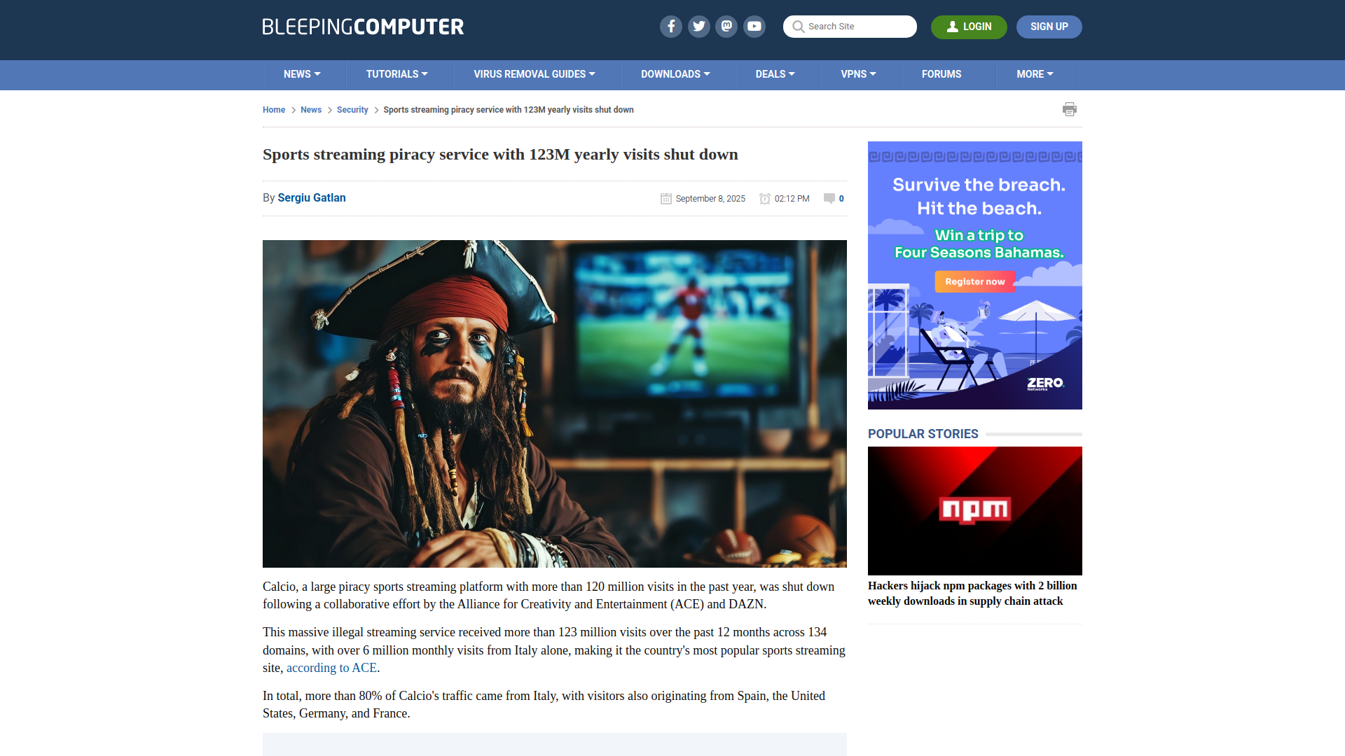 Sports streaming piracy service with 123M yearly visits shut down
