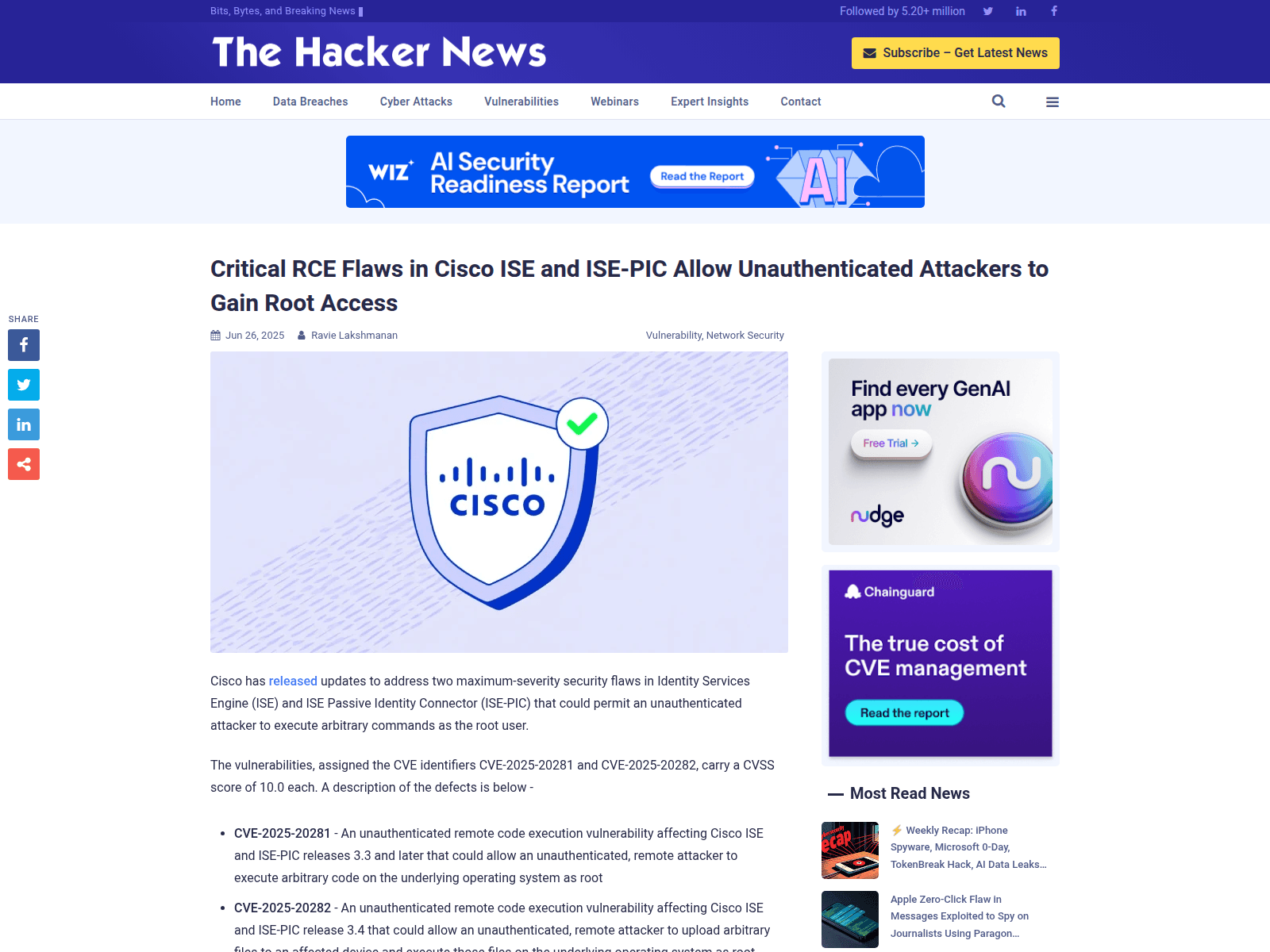 Critical RCE Flaws in Cisco ISE and ISE-PIC Allow Unauthenticated Attackers to Gain Root Access