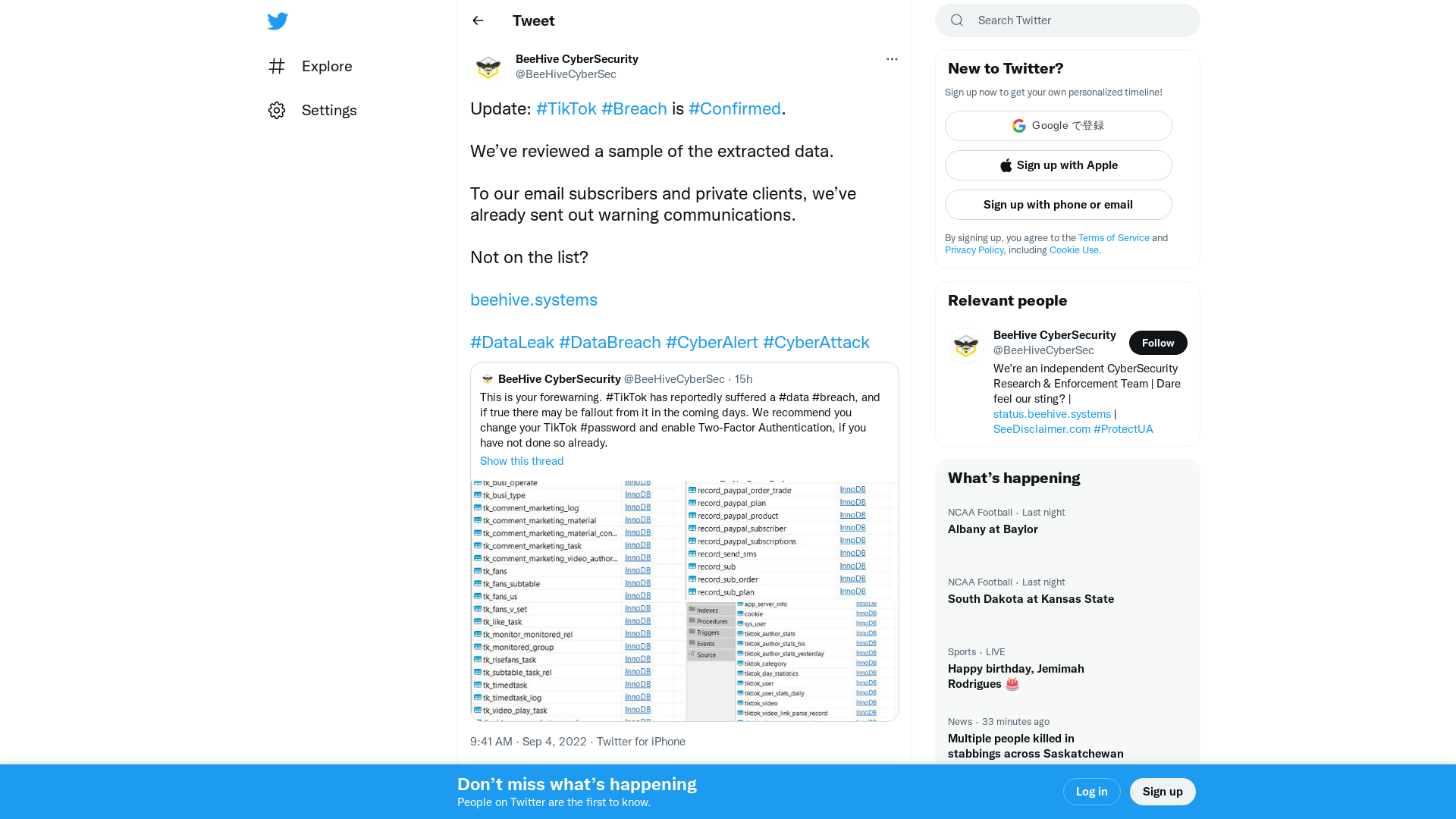 BeeHive CyberSecurity on Twitter: "Update: #TikTok #Breach is #Confirmed. We’ve reviewed a sample of the extracted data. To our email subscribers and private clients, we’ve already sent out warning communications. Not on the list? https://t.co/LjjH6vmNAS #DataLeak #DataBreach #CyberAlert #CyberAttack" / Twitter