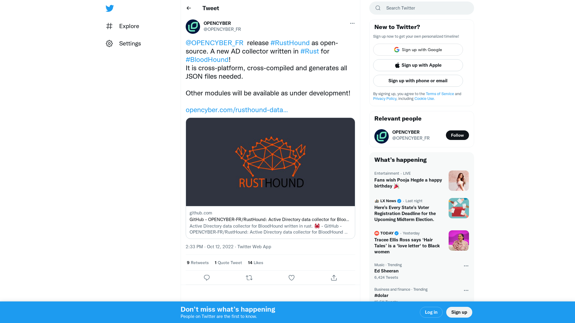 OPENCYBER on Twitter: "@OPENCYBER_FR release #RustHound as open-source. A new AD collector written in #Rust for #BloodHound! It is cross-platform, cross-compiled and generates all JSON files needed. Other modules will be available as under development! https://t.co/GfR4pSq8XN https://t.co/5GunvAQruy" / Twitter