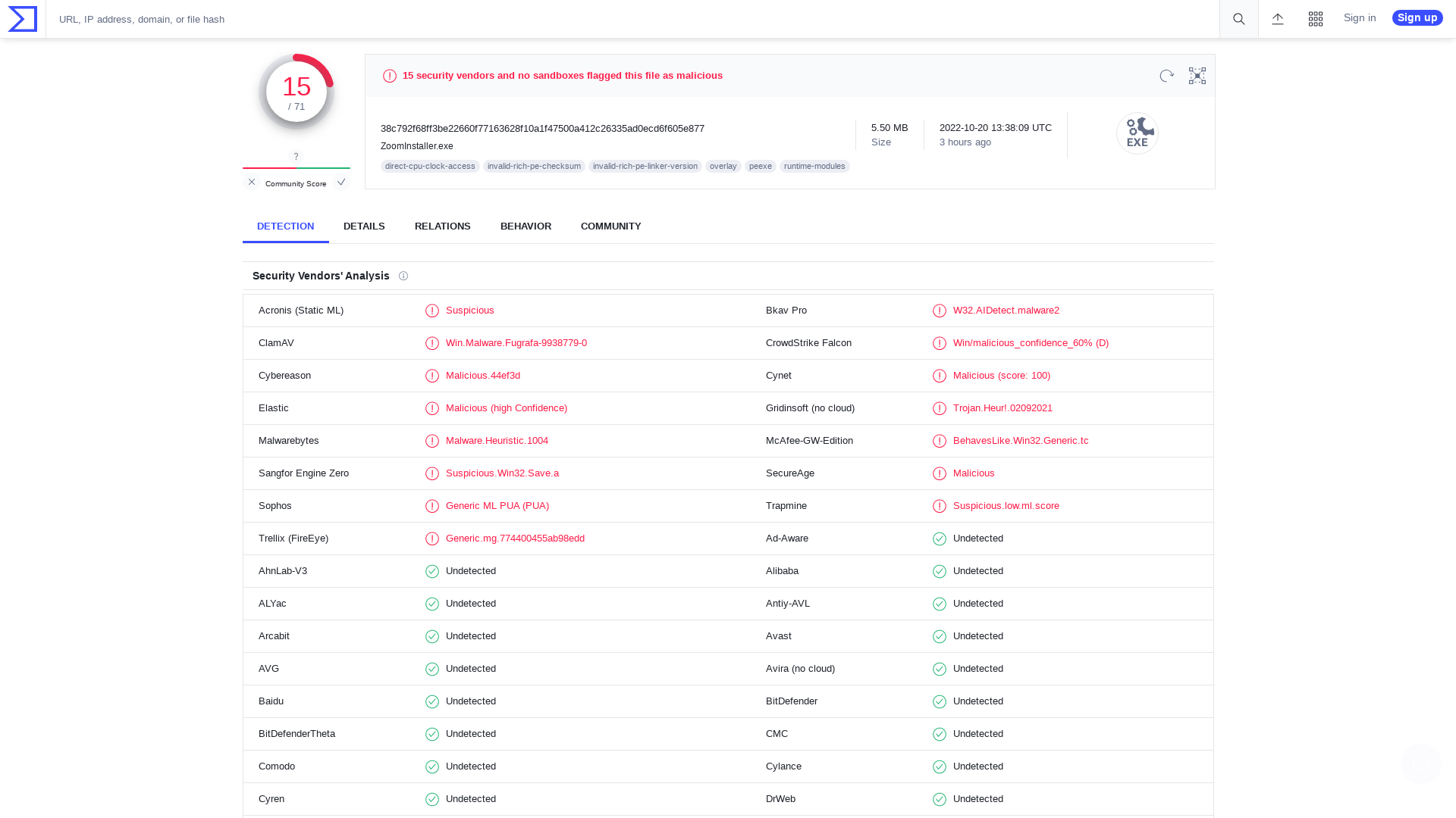 VirusTotal - File - 38c792f68ff3be22660f77163628f10a1f47500a412c26335ad0ecd6f605e877
