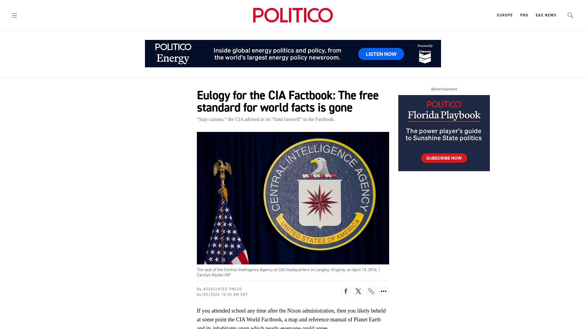 Eulogy for the CIA Factbook: The free standard for world facts is gone - POLITICO
