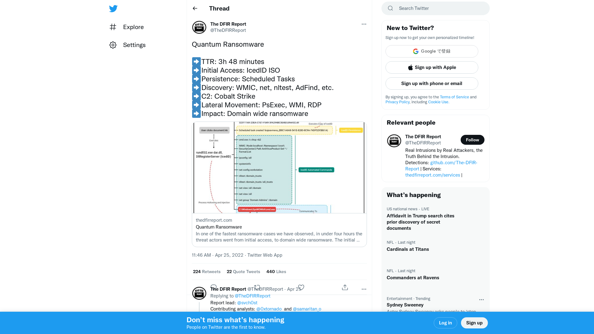 The DFIR Report on Twitter: "Quantum Ransomware ➡️TTR: 3h 48 minutes ➡️Initial Access: IcedID ISO ➡️Persistence: Scheduled Tasks ➡️Discovery: WMIC, net, nltest, AdFind, etc. ➡️C2: Cobalt Strike ➡️Lateral Movement: PsExec, WMI, RDP ➡️Impact: Domain wide ransomware https://t.co/Py3FqlElJx" / Twitter