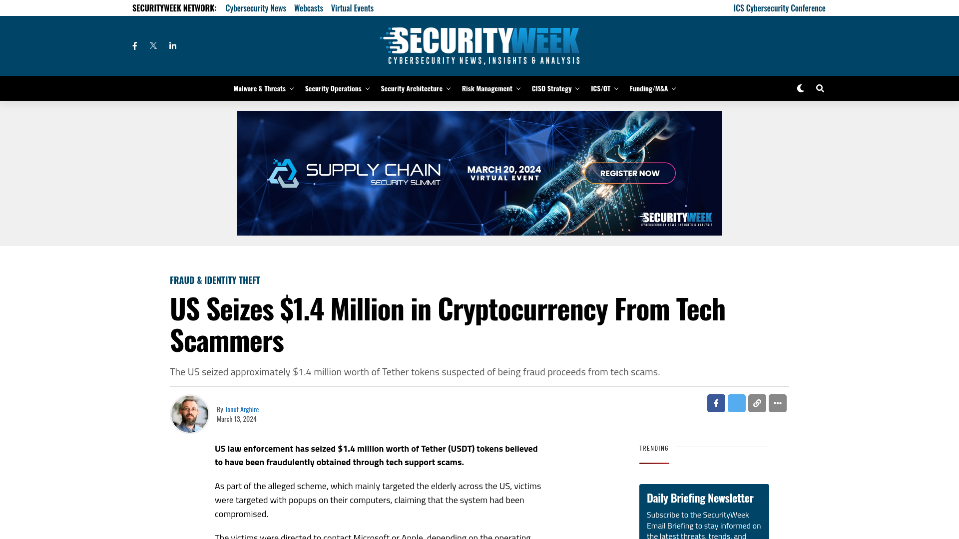 US Seizes $1.4 Million in Cryptocurrency From Tech Scammers - SecurityWeek