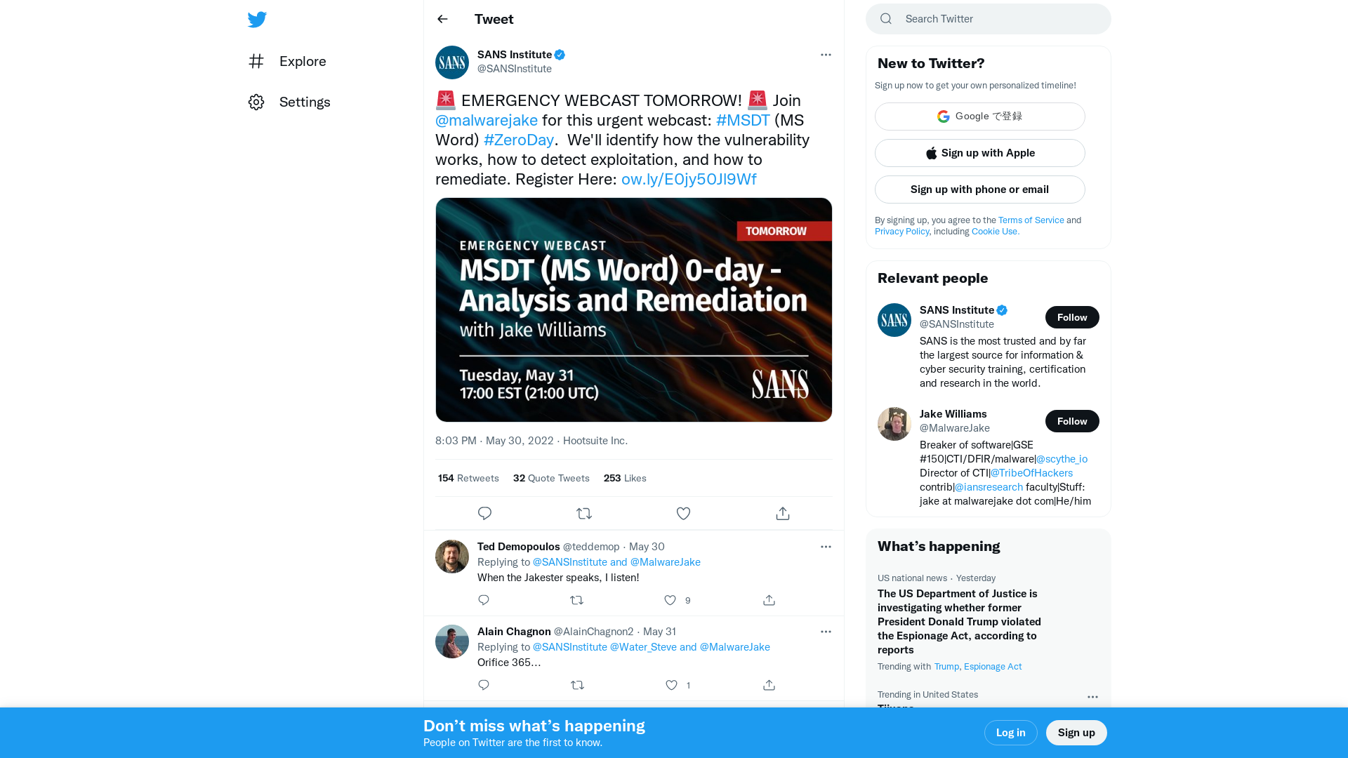 SANS Institute on Twitter: "🚨 EMERGENCY WEBCAST TOMORROW! 🚨 Join @malwarejake for this urgent webcast: #MSDT (MS Word) #ZeroDay. We'll identify how the vulnerability works, how to detect exploitation, and how to remediate. Register Here: https://t.co/PwgUlif5KV https://t.co/c9d552xzmC" / Twitter