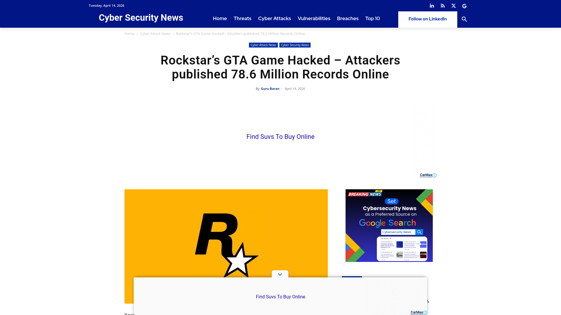 Rockstar's GTA Game Hacked - Attackers published 78.6 Million Records Online