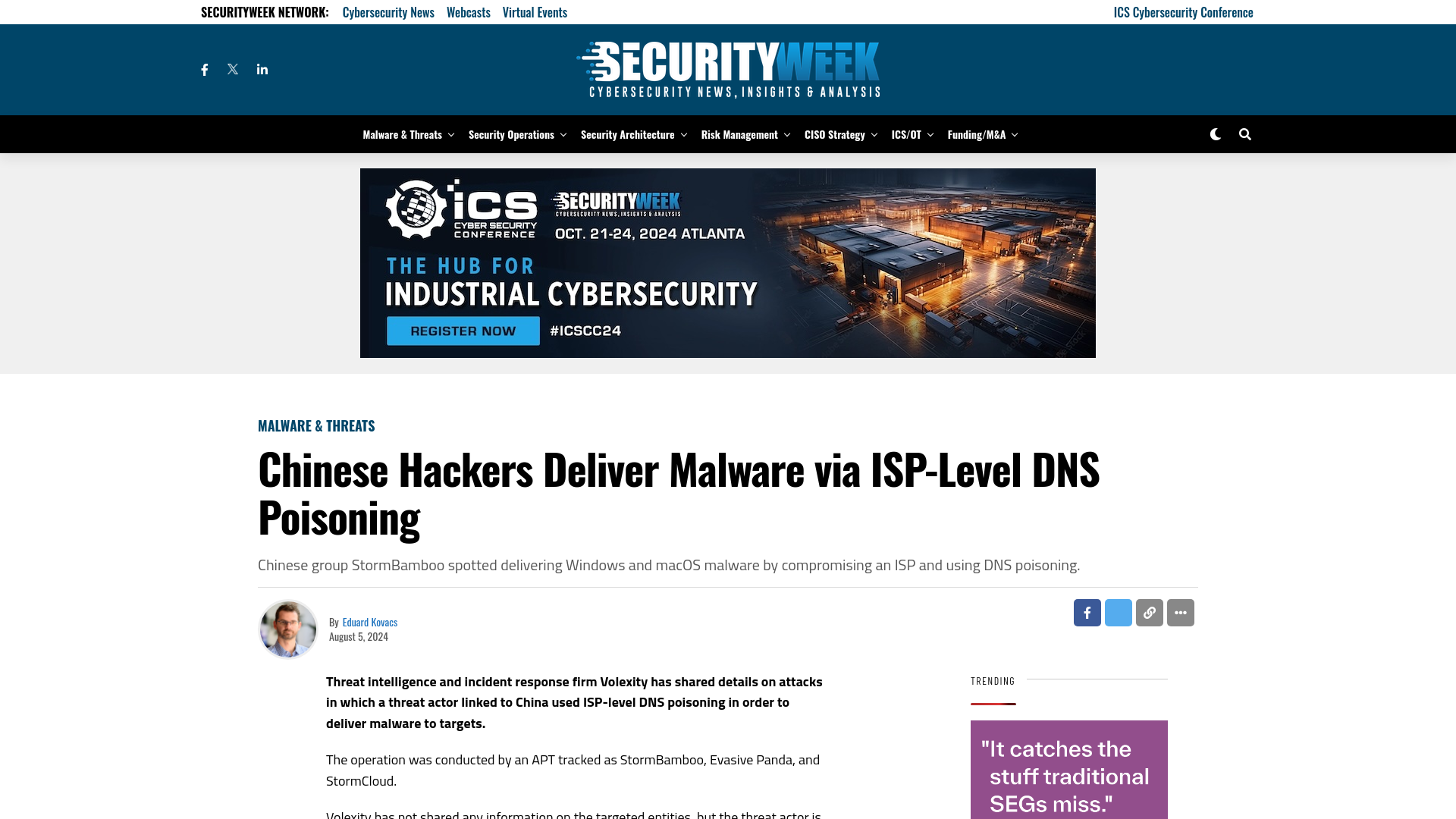 Chinese Hackers Deliver Malware via ISP-Level DNS Poisoning - SecurityWeek