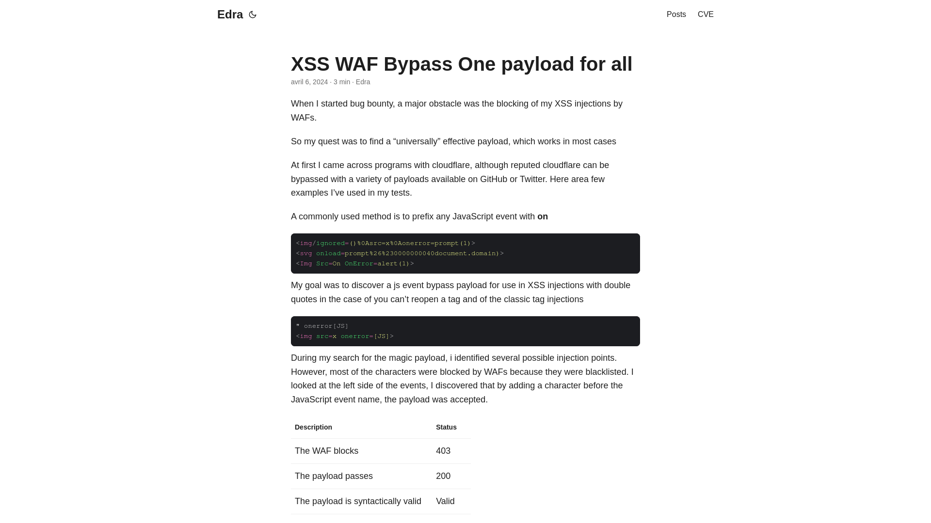 XSS WAF Bypass One payload for all | Edra