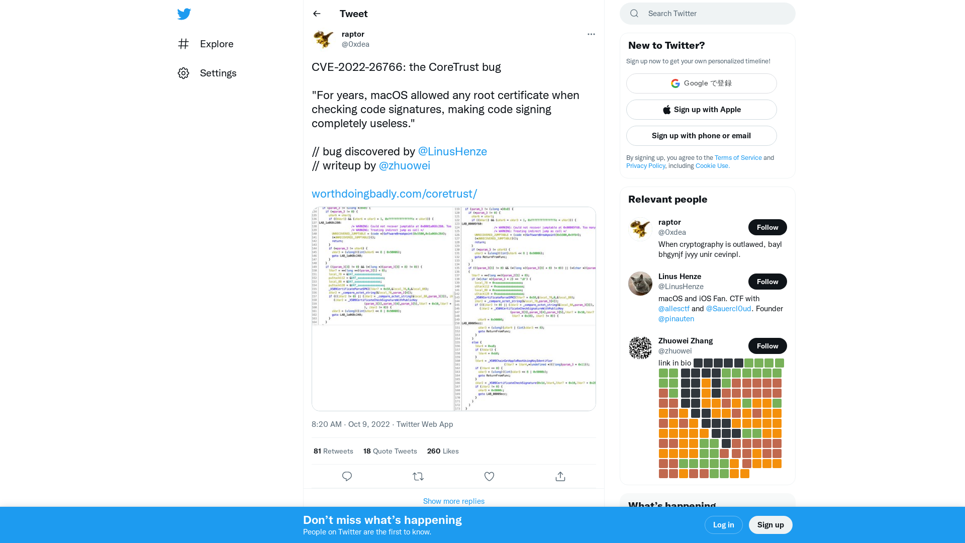 raptor on Twitter: "CVE-2022-26766: the CoreTrust bug "For years, macOS allowed any root certificate when checking code signatures, making code signing completely useless." // bug discovered by @LinusHenze // writeup by @zhuowei https://t.co/vuC4mcxwim https://t.co/sER7mt93NQ" / Twitter