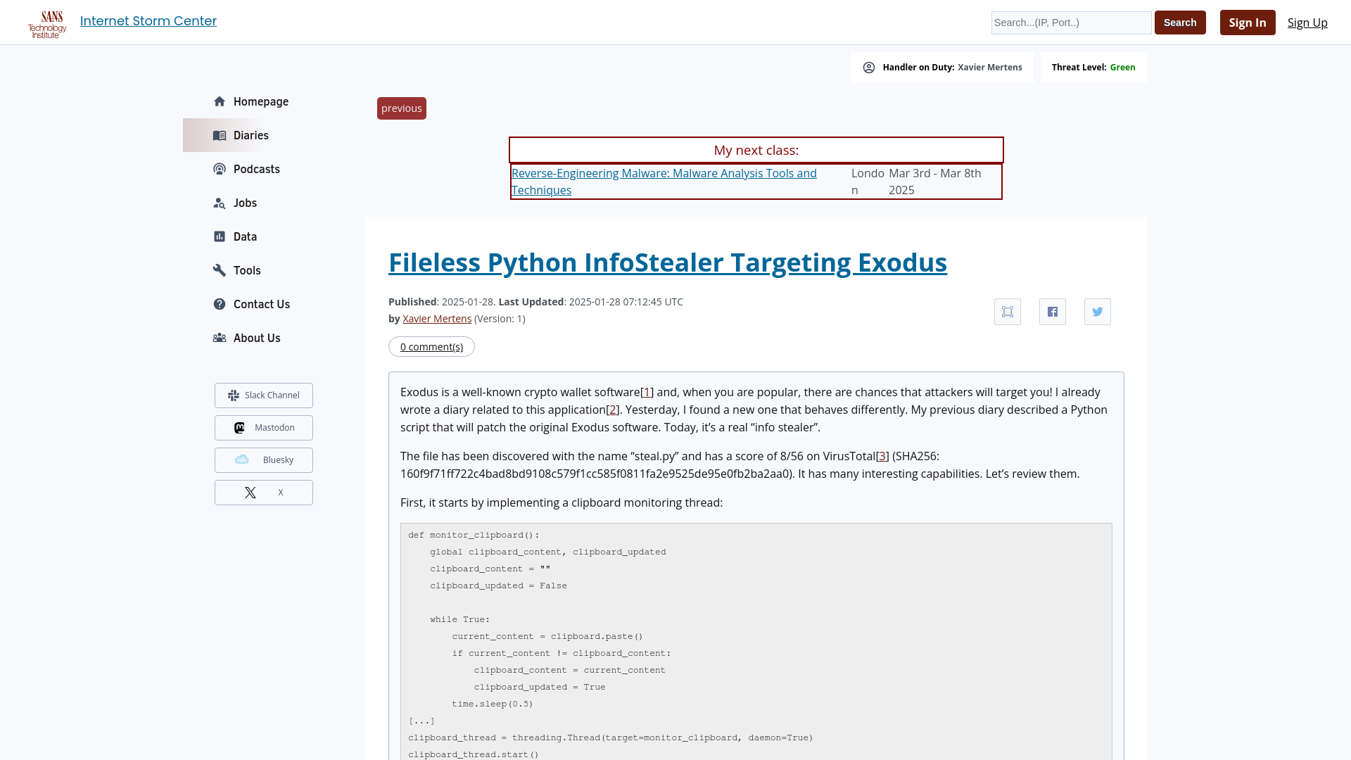 Fileless Python InfoStealer Targeting Exodus - SANS Internet Storm Center