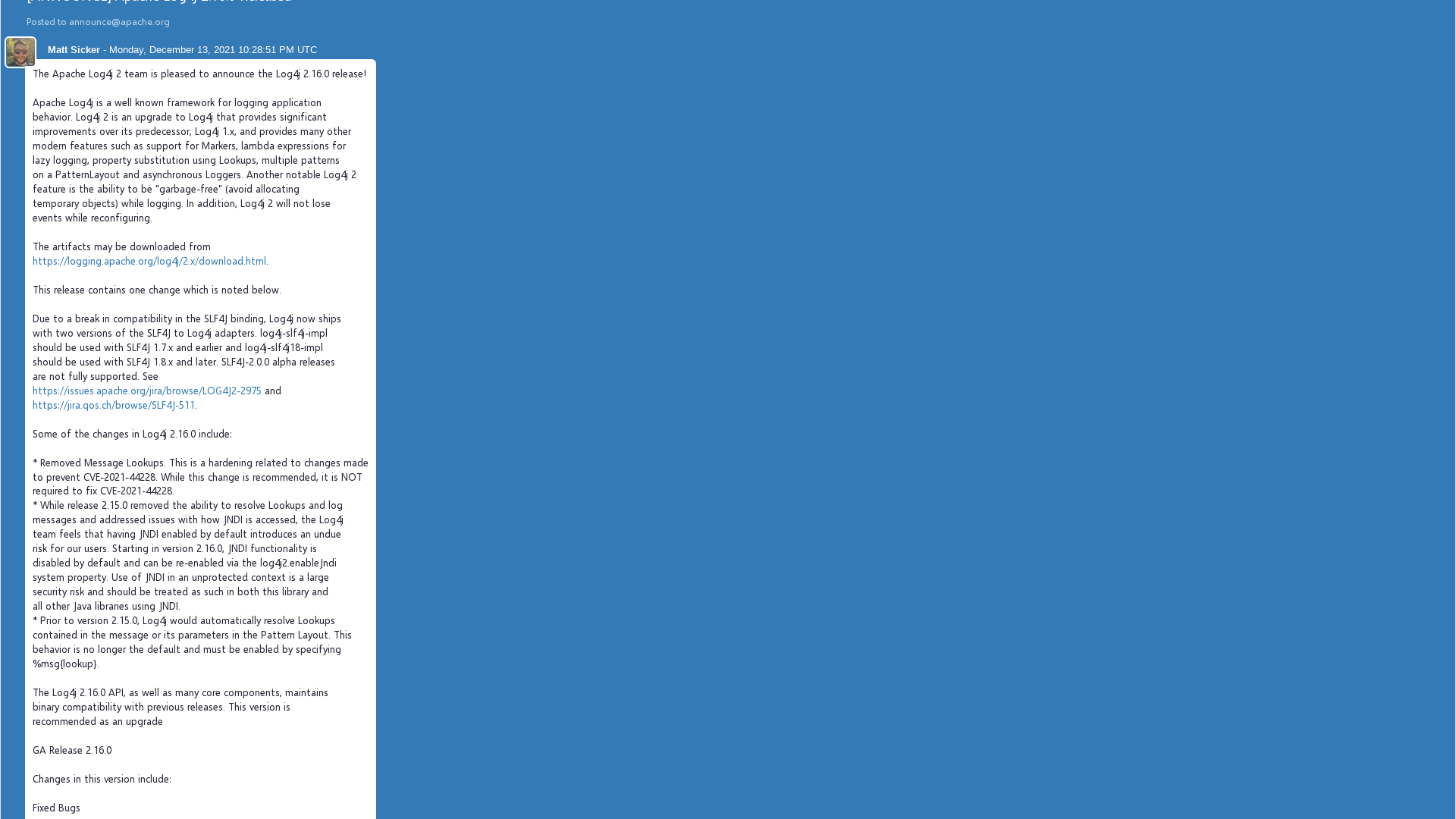 [ANNOUNCE] Apache Log4j 2.16.0 Released-Apache Mail Archives