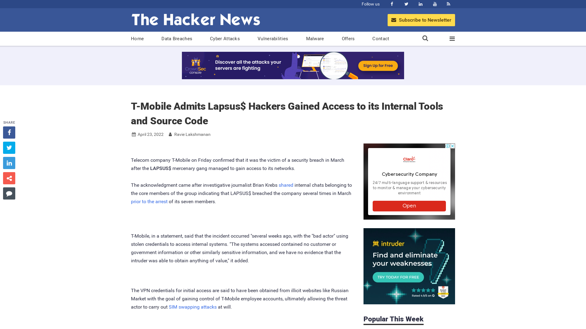 T-Mobile Admits Lapsus$ Hackers Gained Access to its Internal Tools and Source Code
