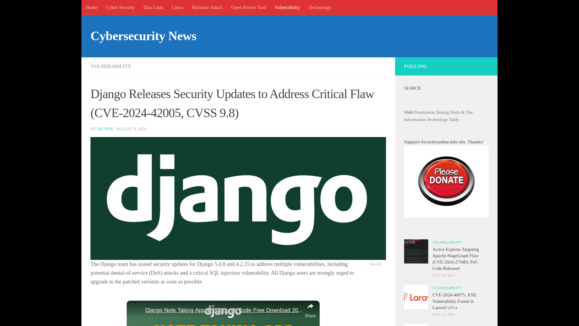 Django Releases Security Updates to Address Critical Flaw (CVE-2024-42005, CVSS 9.8)