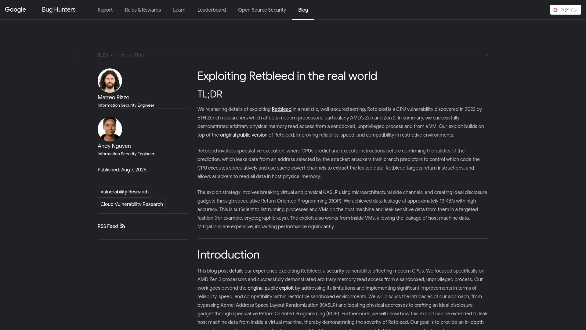 Exploiting Retbleed in the real world - Google Bug Hunters