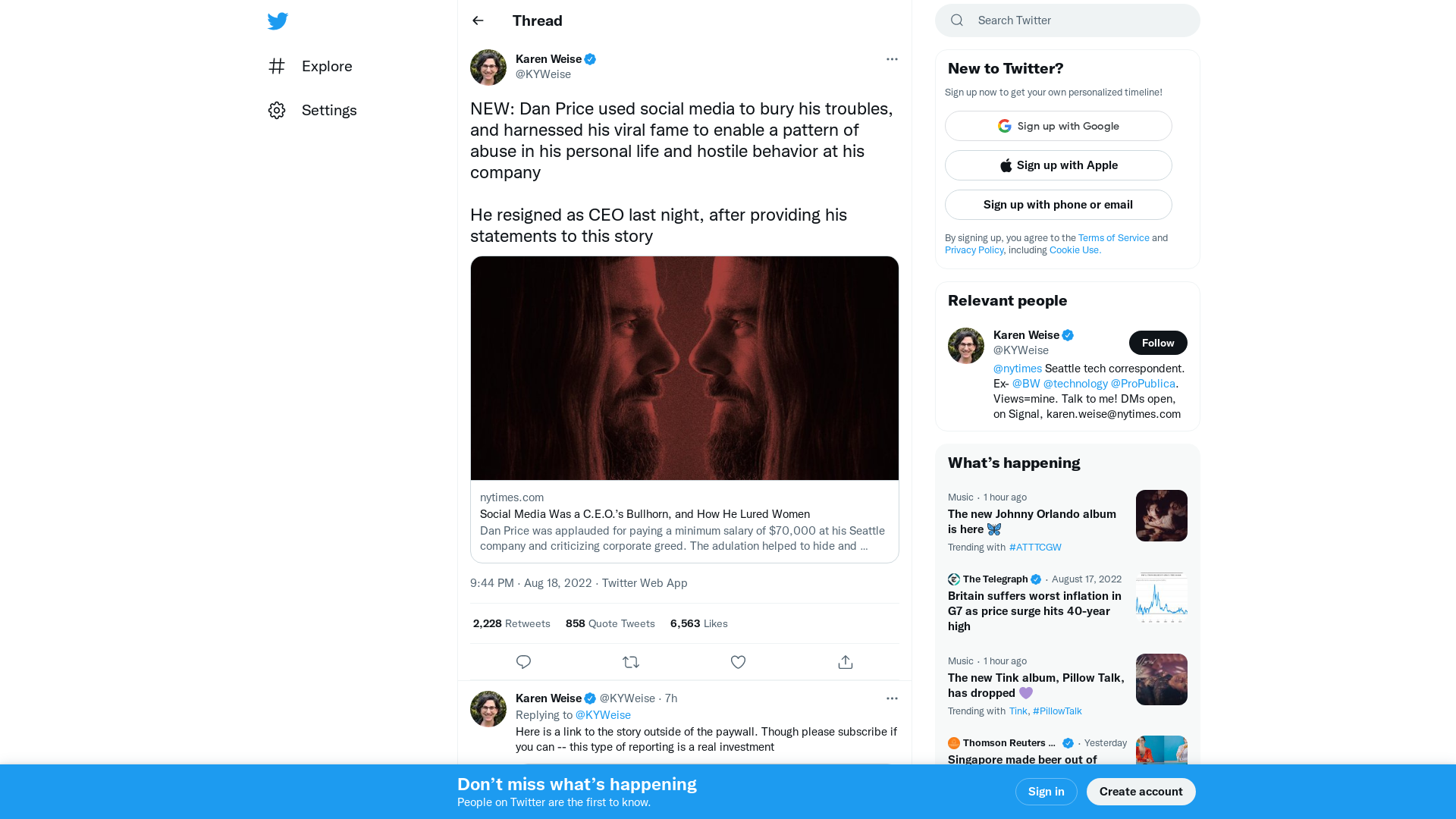 Karen Weise on Twitter: "NEW: Dan Price used social media to bury his troubles, and harnessed his viral fame to enable a pattern of abuse in his personal life and hostile behavior at his company He resigned as CEO last night, after providing his statements to this story https://t.co/RFYcnKhFvg" / Twitter